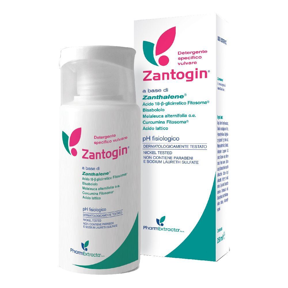 Flacone bianco con tappo a ribalta e scatola. Scritta Zantogin, ingredienti e pH. Dermatologicamente testato.