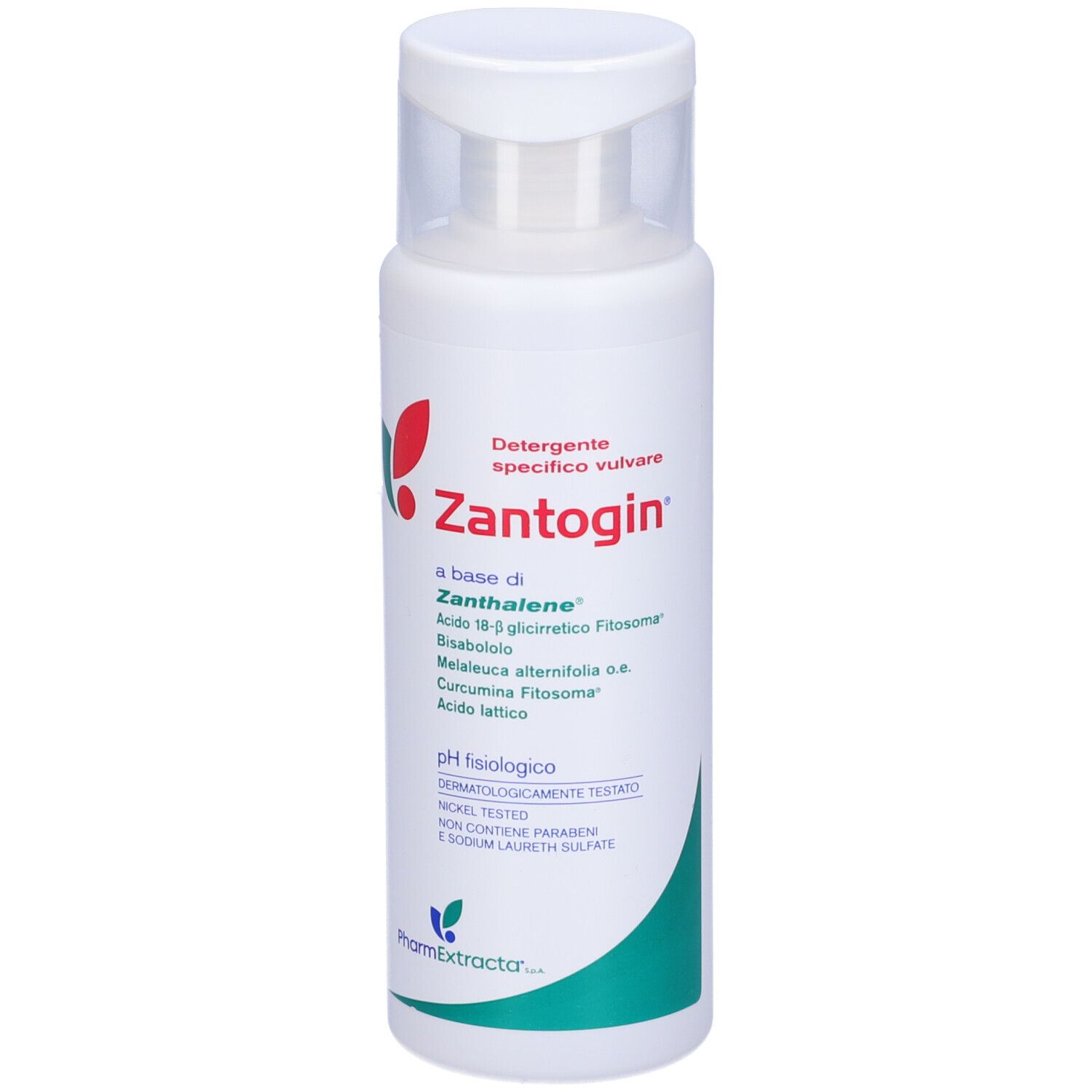 Flacone bianco con tappo a ribalta. Scritta Zantogin, ingredienti e pH. Dermatologicamente testato.