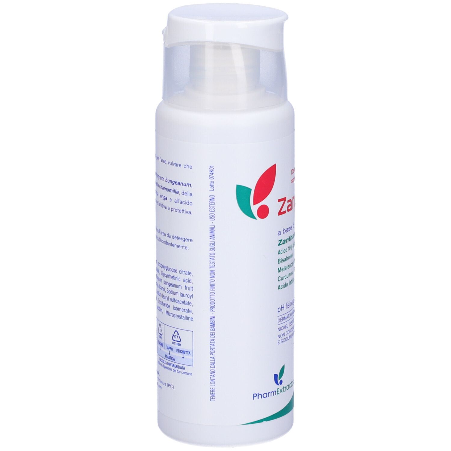Flacone bianco con tappo a ribalta. Retro con ingredienti e istruzioni per l'uso. 250 ml.