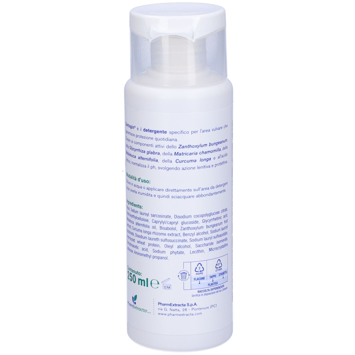 Flacone bianco con tappo a ribalta. Retro con ingredienti e istruzioni per l'uso. 250 ml.