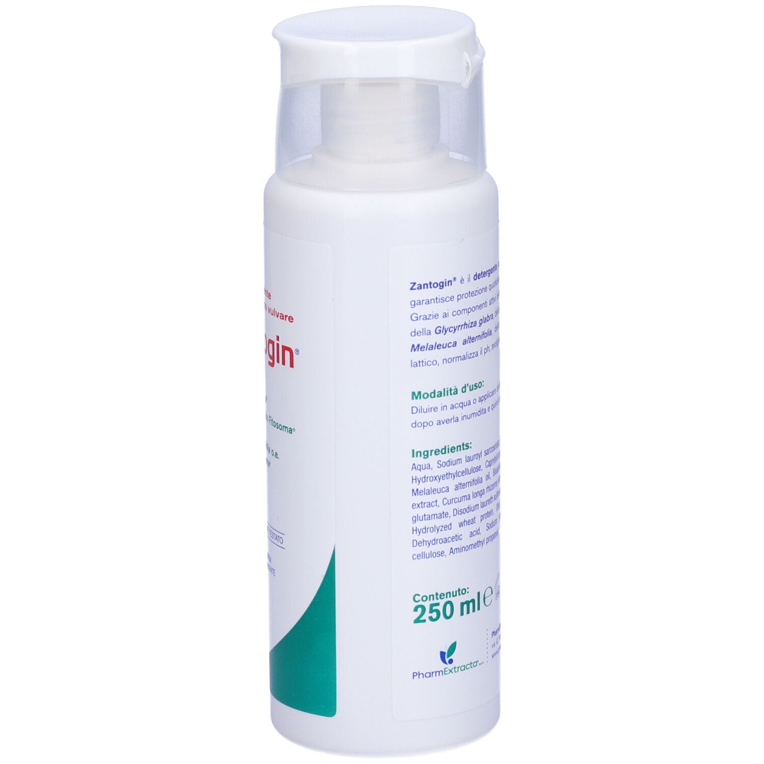 Flacone bianco con tappo a ribalta. Retro con ingredienti e istruzioni per l'uso. 250 ml.