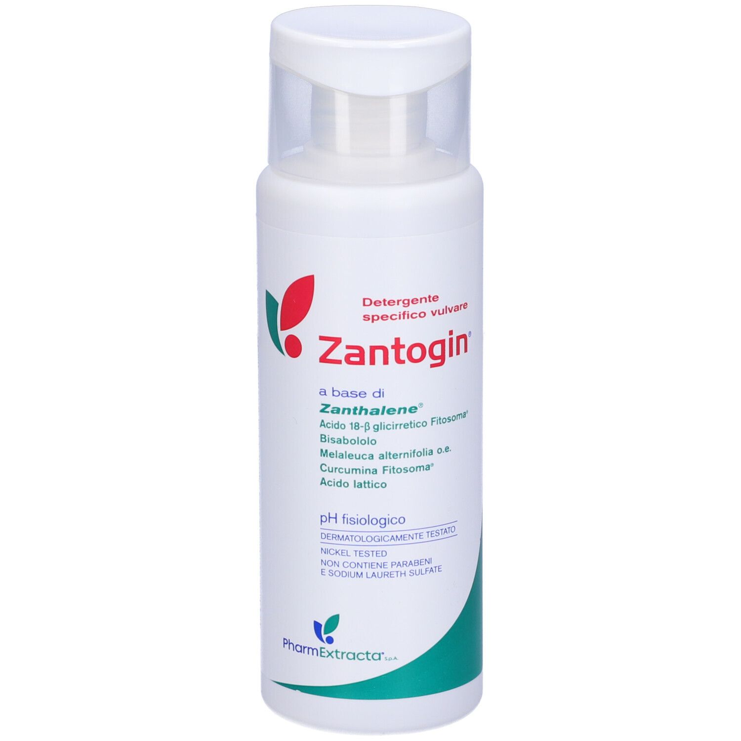 Flacone bianco con tappo a ribalta. Scritta Zantogin, ingredienti e pH. Dermatologicamente testato.