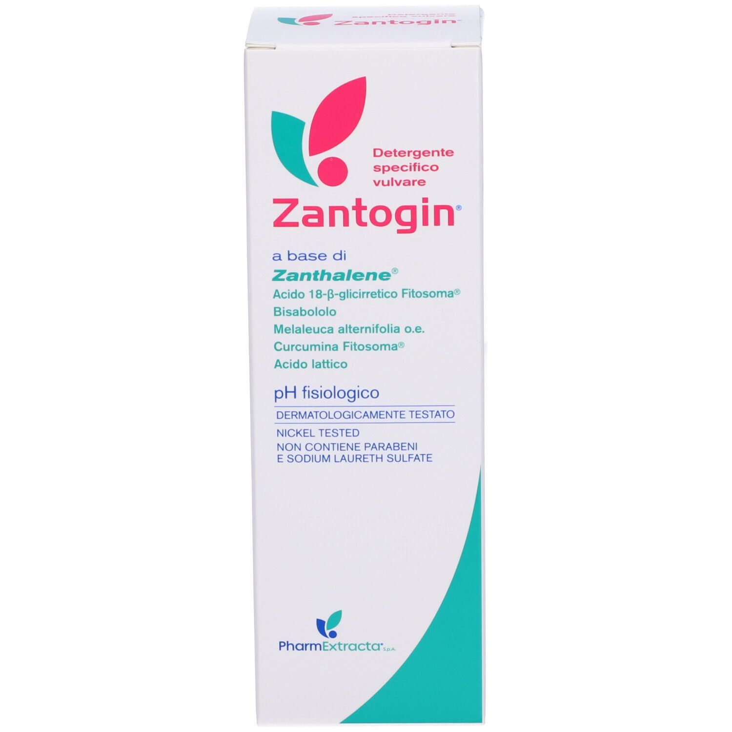Scatola con scritta Zantogin, ingredienti e pH. Dermatologicamente testato.