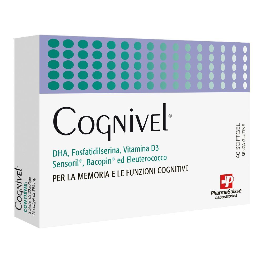 Scatola di Cognivel™ con 40 softgel. Contiene DHA, Fosfatidilserina, Vitamina D3, Sensoril, Bacopin, Eleuterococco. Marchio e logo.