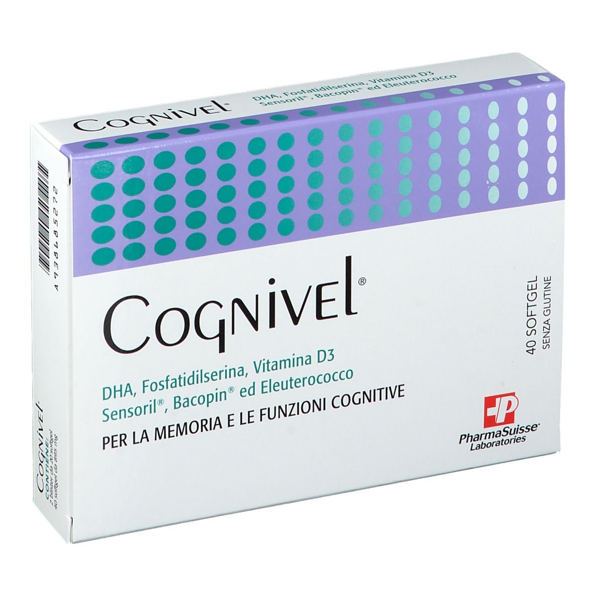 Scatola di Cognivel™ in prospettiva. Contiene 40 softgel. Contiene DHA, Fosfatidilserina, Vitamina D3, Sensoril, Bacopin, Eleuterococco.