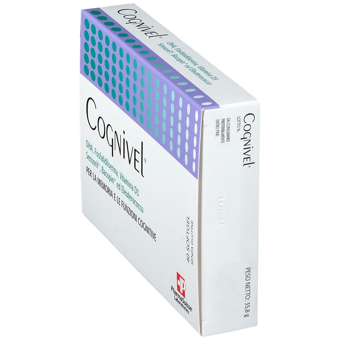 Scatola di Cognivel™ in prospettiva. Contiene 40 softgel. Contiene DHA, Fosfatidilserina, Vitamina D3, Sensoril, Bacopin, Eleuterococco.