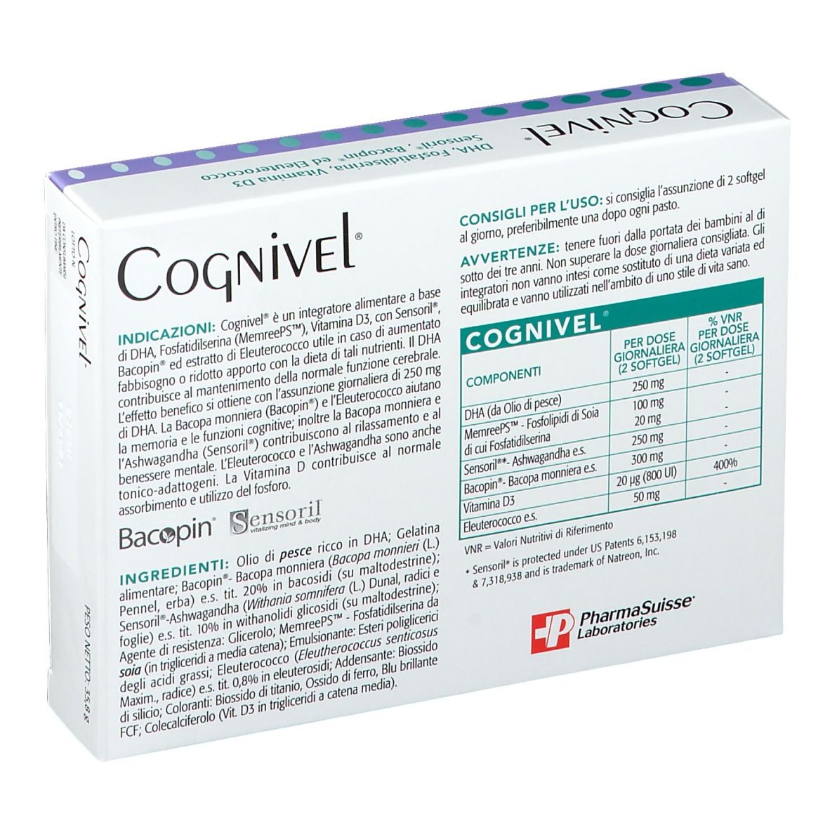 Scatola di Cognivel™ in prospettiva. Contiene 40 softgel. Contiene DHA, Fosfatidilserina, Vitamina D3, Sensoril, Bacopin, Eleuterococco.