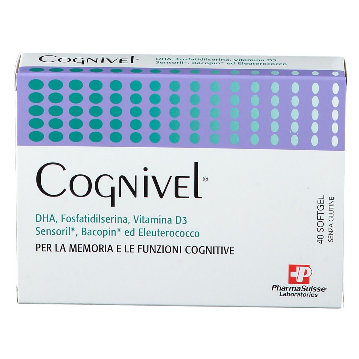 Scatola di Cognivel™ in prospettiva. Informazioni sugli ingredienti e il dosaggio. Logo e marchio.