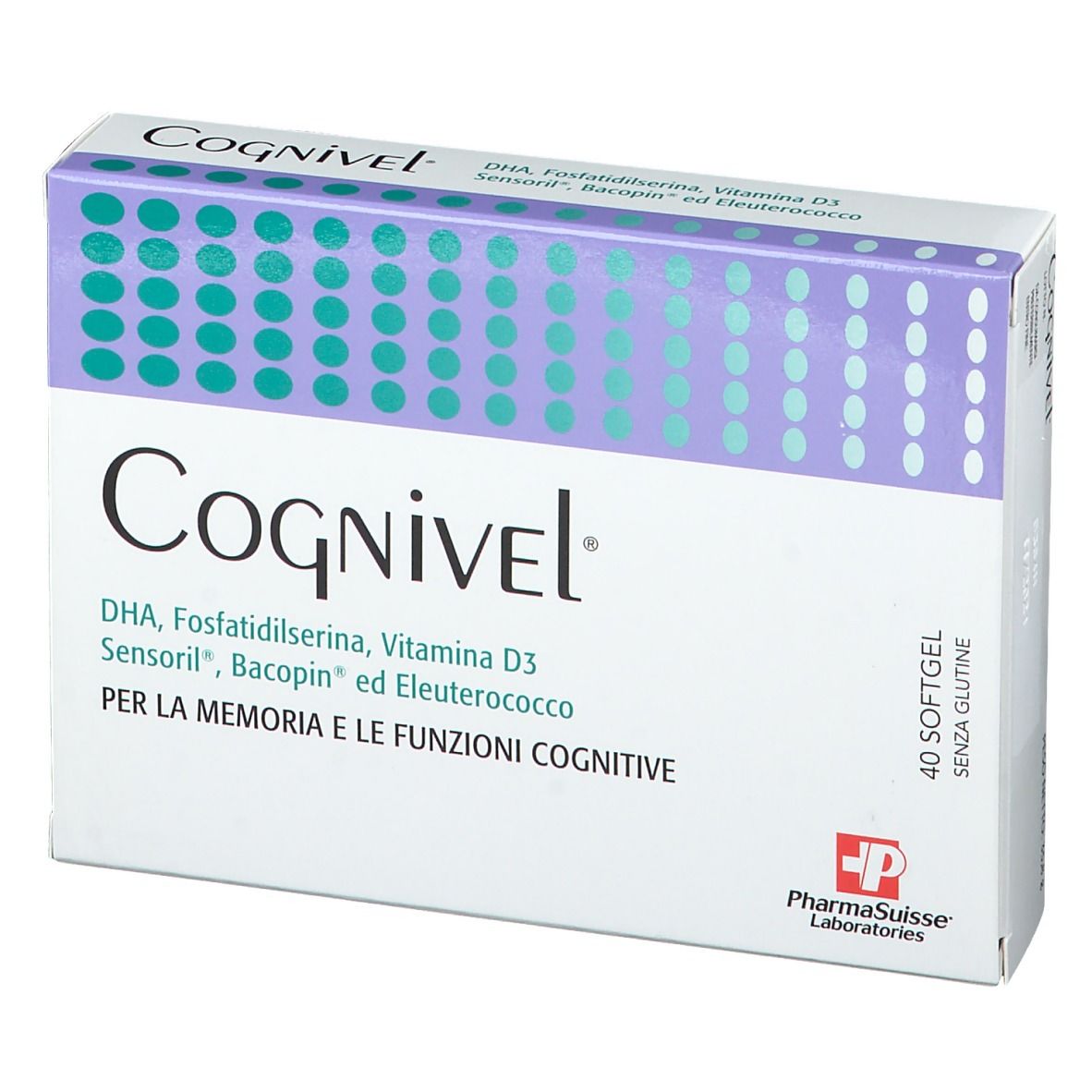 Scatola di Cognivel™ con 40 softgel. Contiene DHA, Fosfatidilserina, Vitamina D3, Sensoril, Bacopin, Eleuterococco. Marchio e logo.