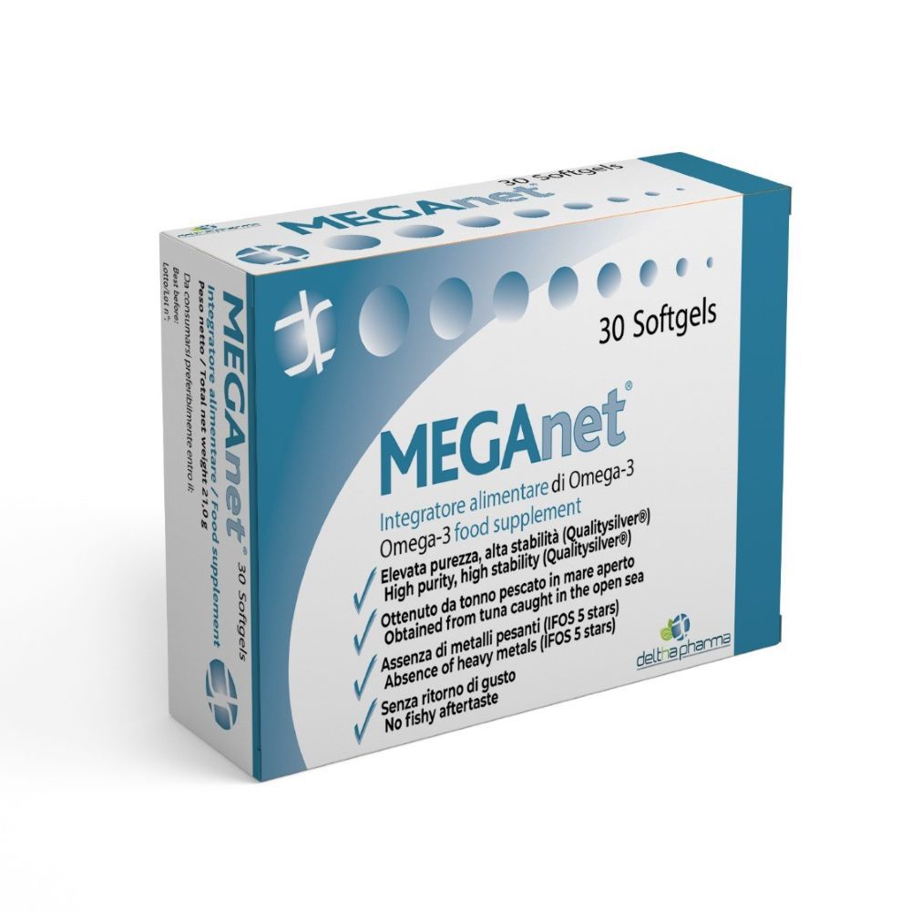 Schachtel mit 30 Softgels. Aufschrift: MEGANet, Omega-3-Nahrungsergänzungsmittel. Blaue und weiße Verpackung. Deltha Pharma Logo.