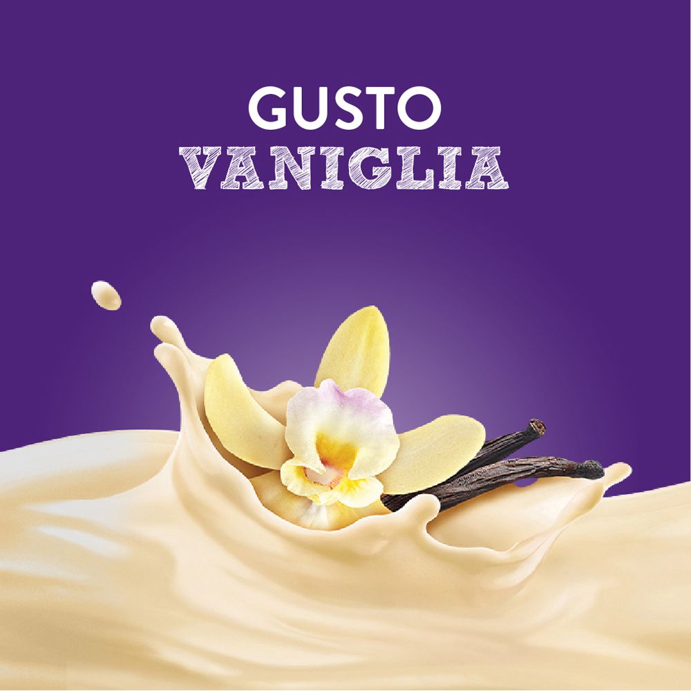 PediaSure Vanillegeschmack: Vanilleblüte und Vanilleschoten in cremiger Flüssigkeit.