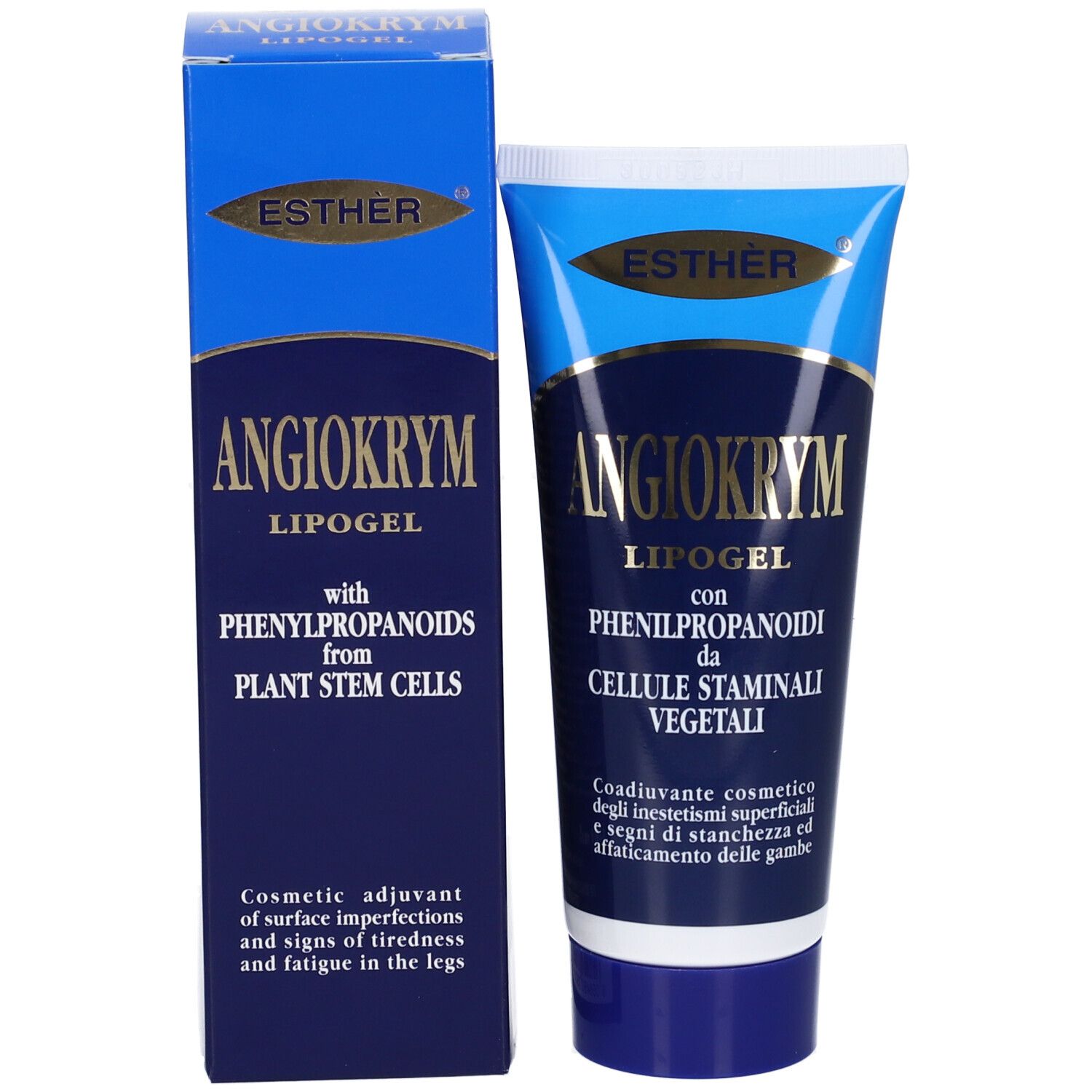 Produktverpackung und Tube. Verpackung: blau, mit Produktnamen und Marke Esther. Tube: blau-weiß, Produktname.