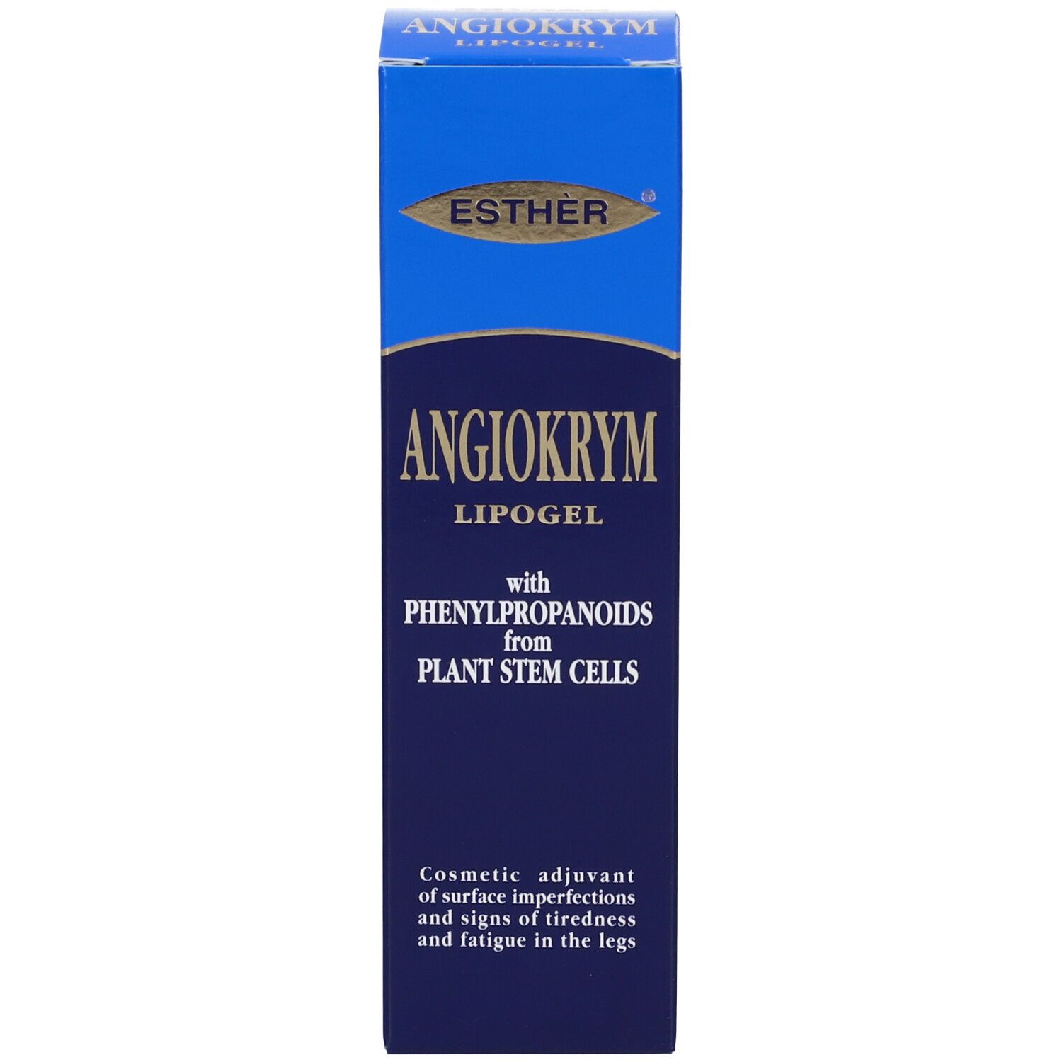 Blaue Produktverpackung. Enthält Produktnamen, Marke Esther und Text: Angiokrym Lipogel.