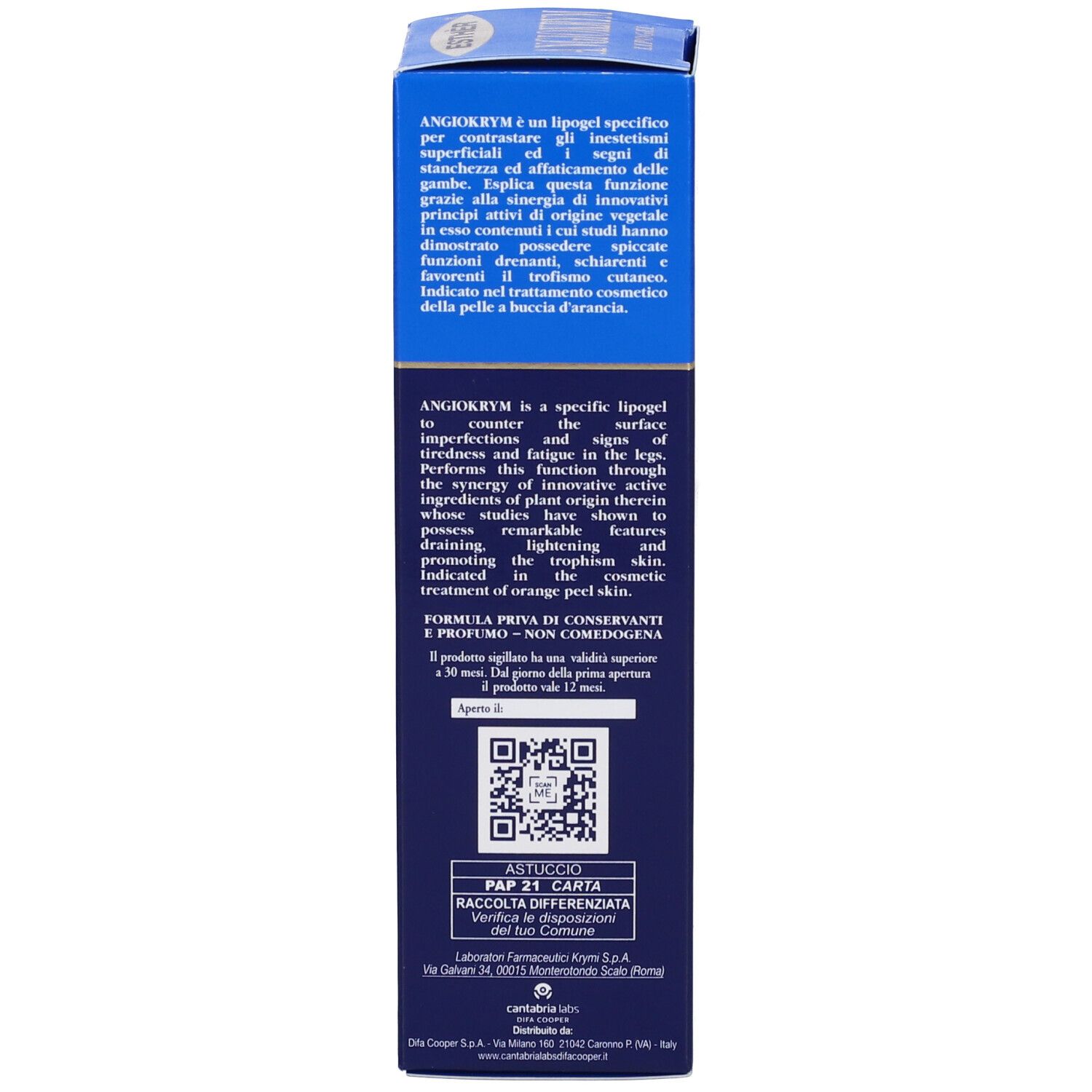Blaue Produktverpackung. Enthält Text über das Produkt und QR-Code. Marke: Esther. Text: Angiokrym Lipogel.