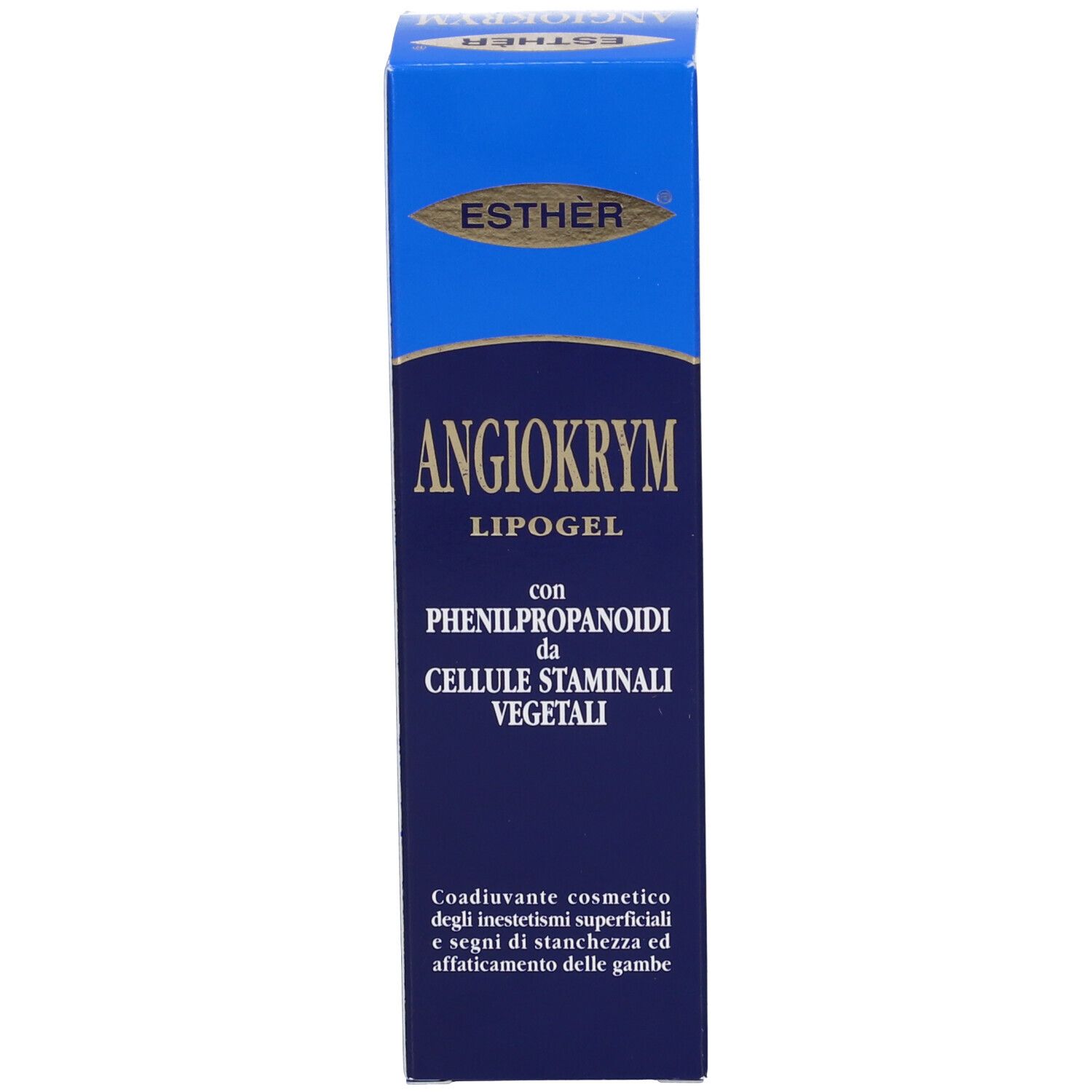 Blaue Produktverpackung. Enthält Produktnamen, Marke Esther und Text: Angiokrym Lipogel.