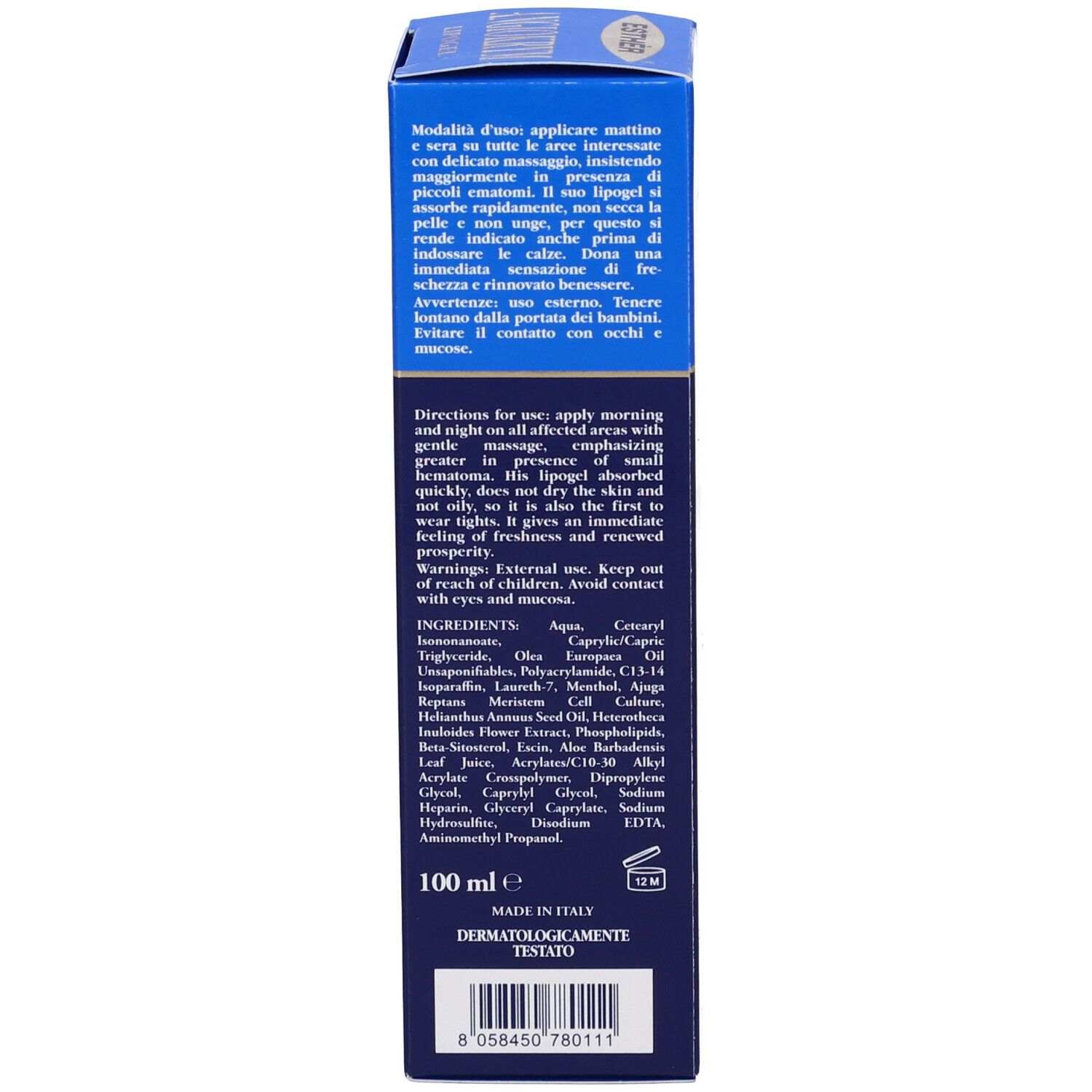 Rückseite der Produktverpackung. Enthält Informationen zu Anwendung, Inhaltsstoffen und Warnhinweisen. Text in Englisch und Italienisch.