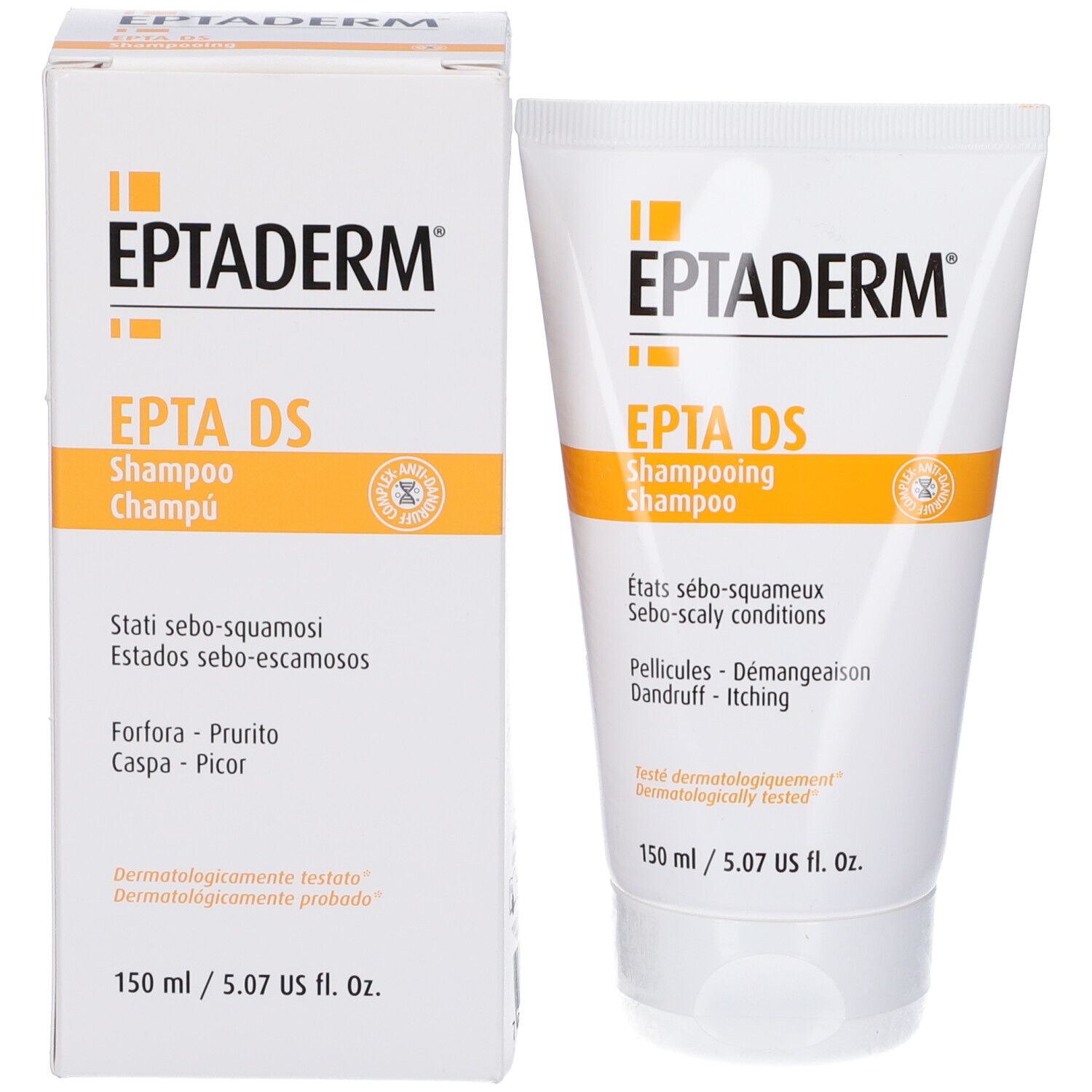 EPTADERM EPTA DS Shampoo in 150 ml Tube und Kartonverpackung, für sebo-squamöse Zustände und Juckreiz.