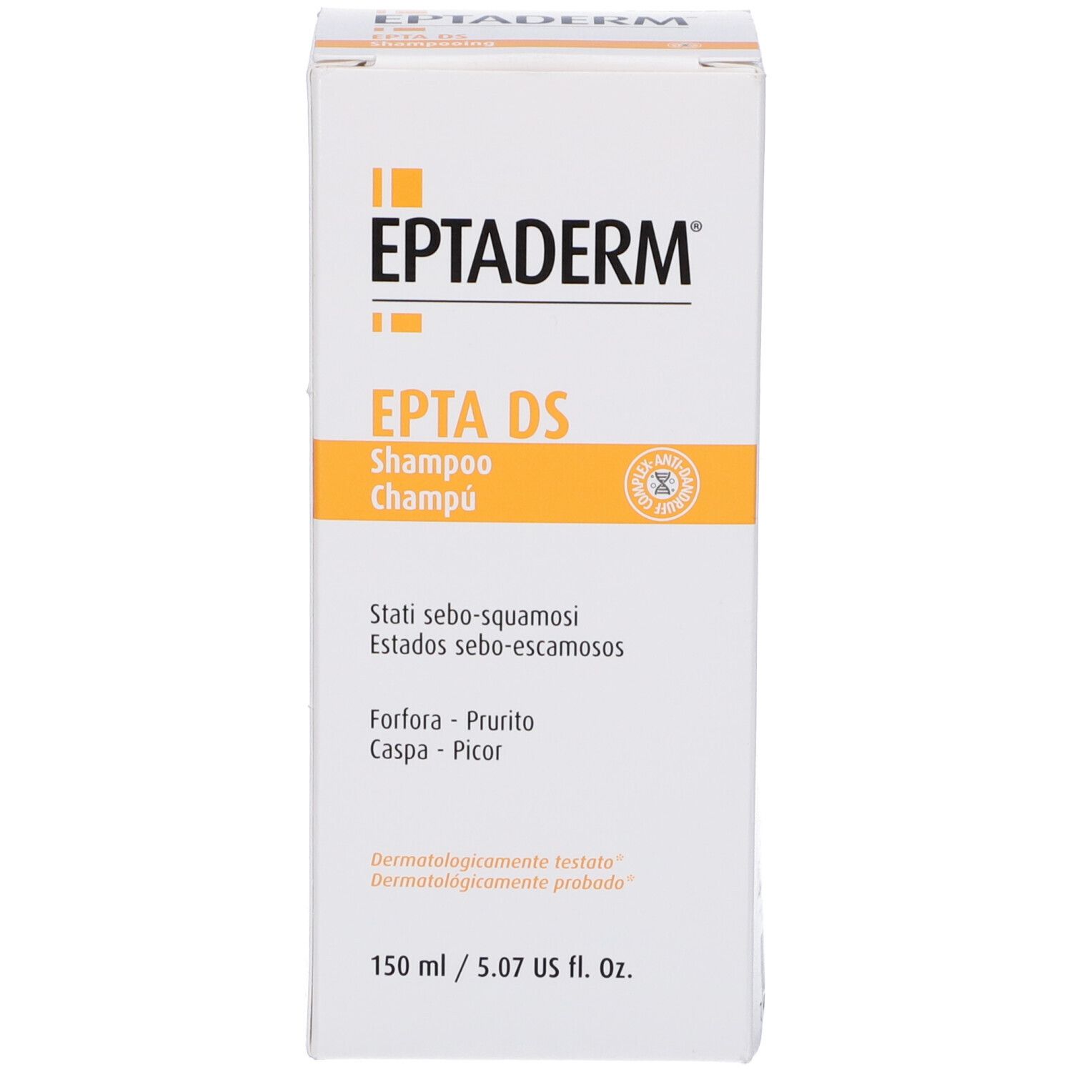 EPTADERM EPTA DS Shampoo-Flasche, 150 ml. Für schuppige, fettige Kopfhaut.