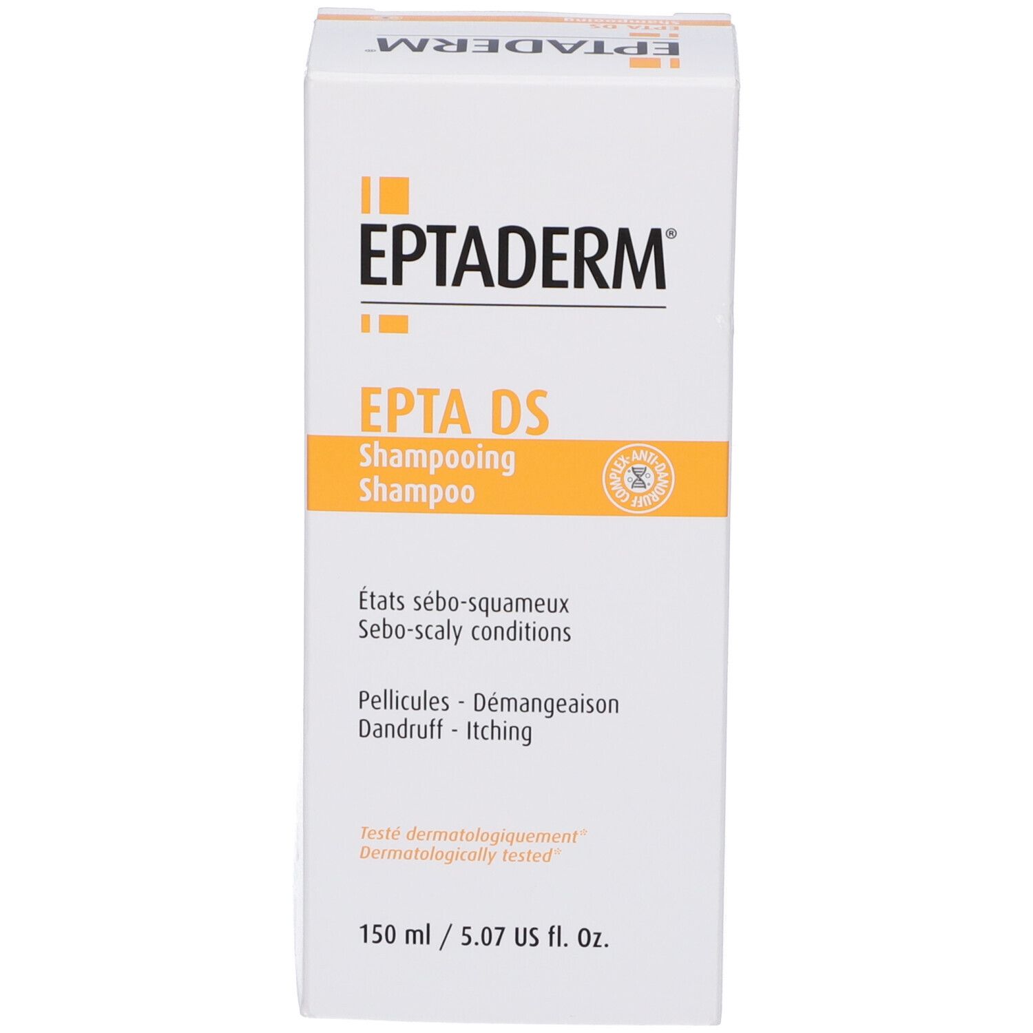 EPTADERM EPTA DS Shampooing Shampoo Karton. Für sebo-schuppige Zustände, Schuppen und Juckreiz. Dermatologisch getestet. 150 ml.