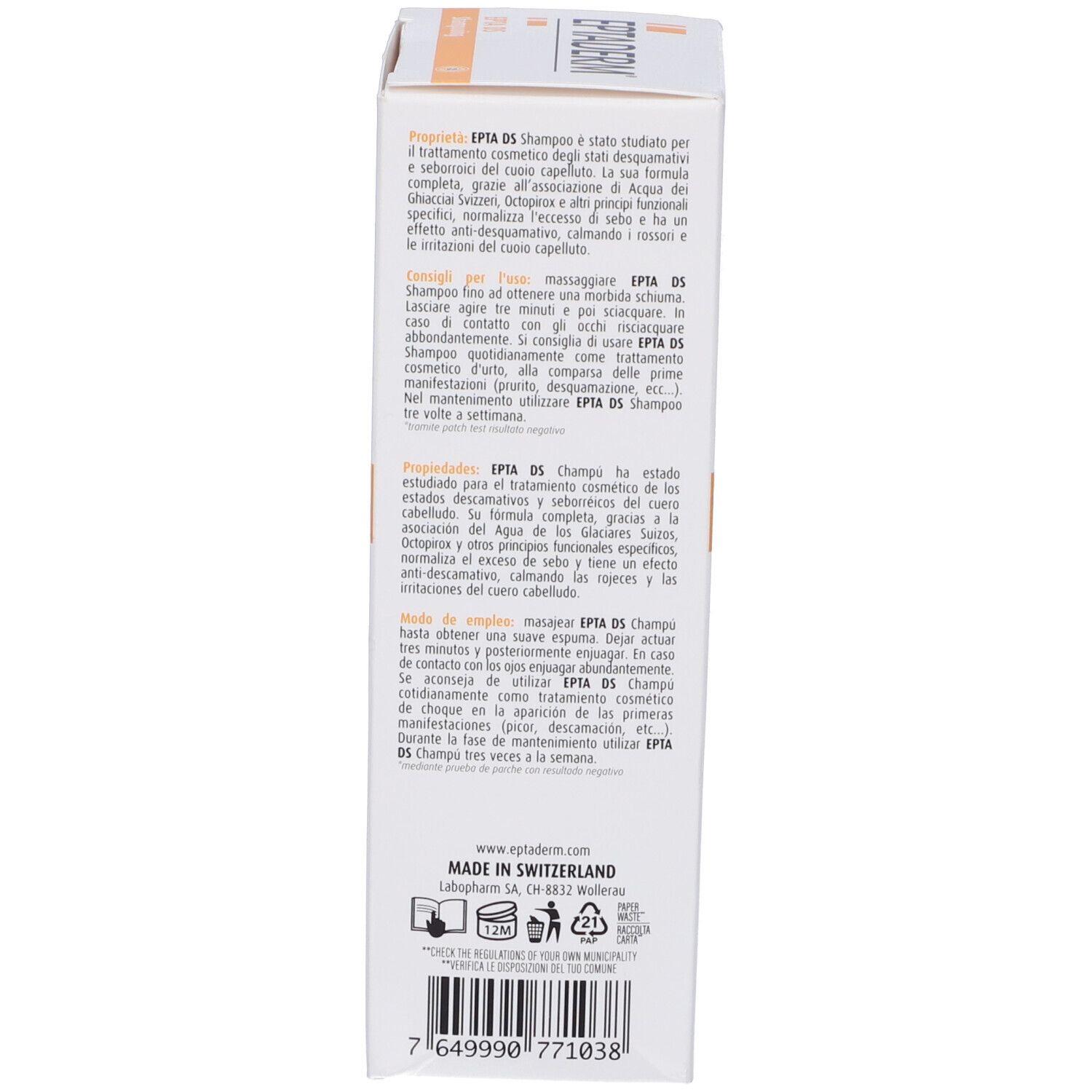 Verpackung für EPTA DS Shampoo, Made in Switzerland, mit Produktinformationen und Barcode.