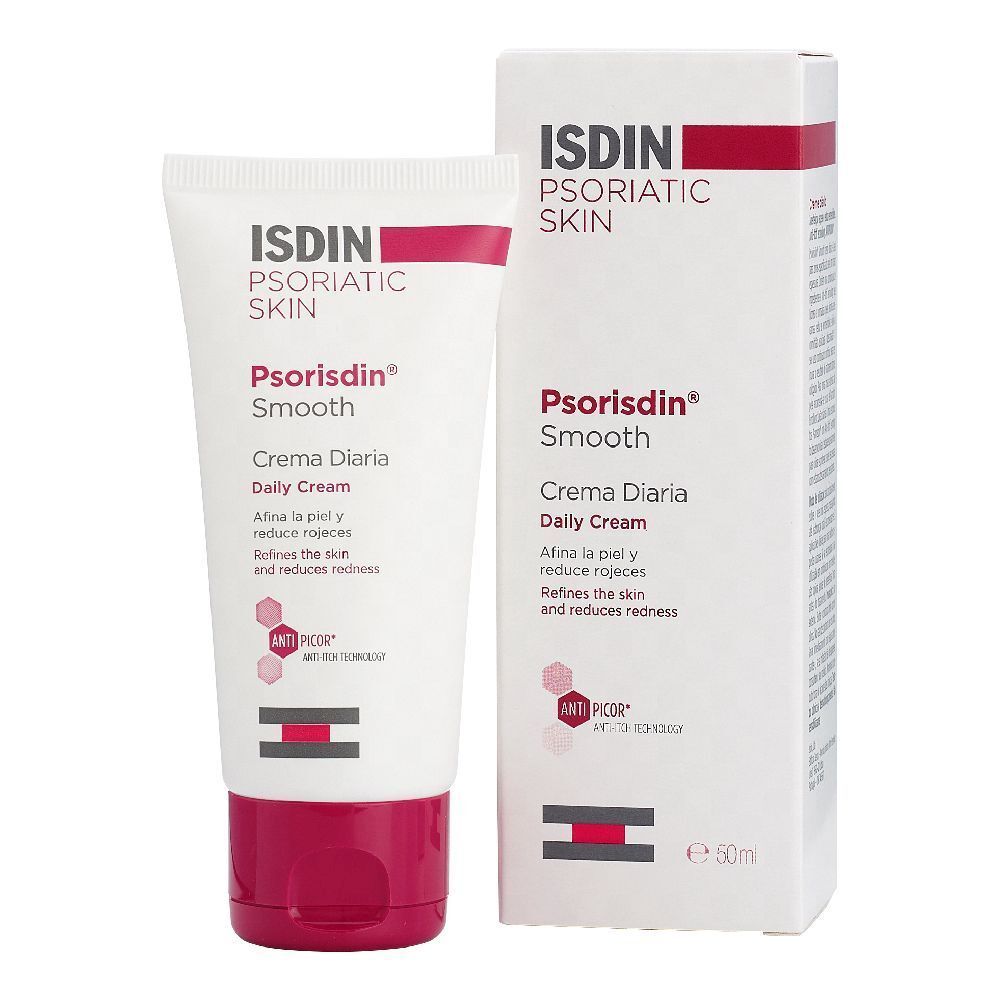 Tubo e scatola di crema. Scritta: ISDIN Psorisdin Smooth. Crema Diaria. Riduce il rossore. Anti-Picor.