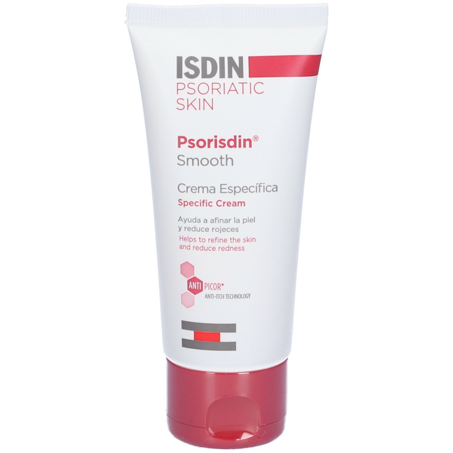 Tubo di crema. Scritta: ISDIN Psorisdin Smooth. Crema Específica. Aiuta a ridurre il rossore. Anti-Picor.