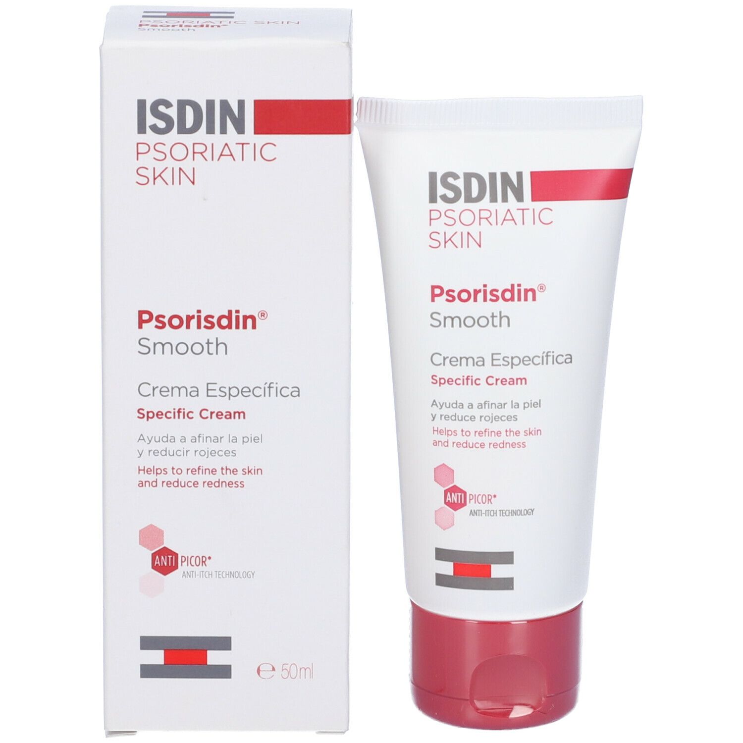 Tubo e scatola di crema. Scritta: ISDIN Psorisdin Smooth. Crema Específica. Riduce il rossore. Anti-Picor.