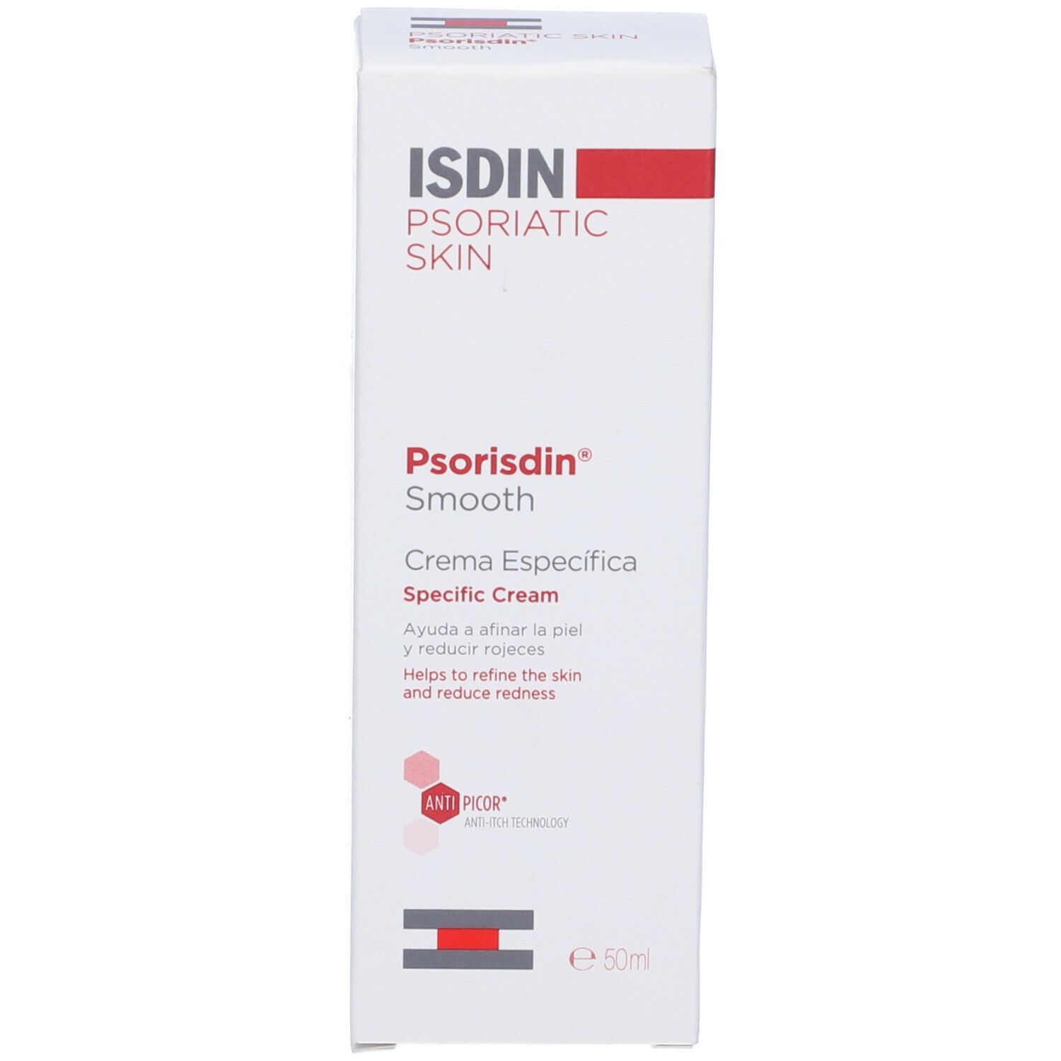 Scatola. Scritta: ISDIN Psorisdin Smooth. Crema Específica. Riduce il rossore. Anti-Picor.