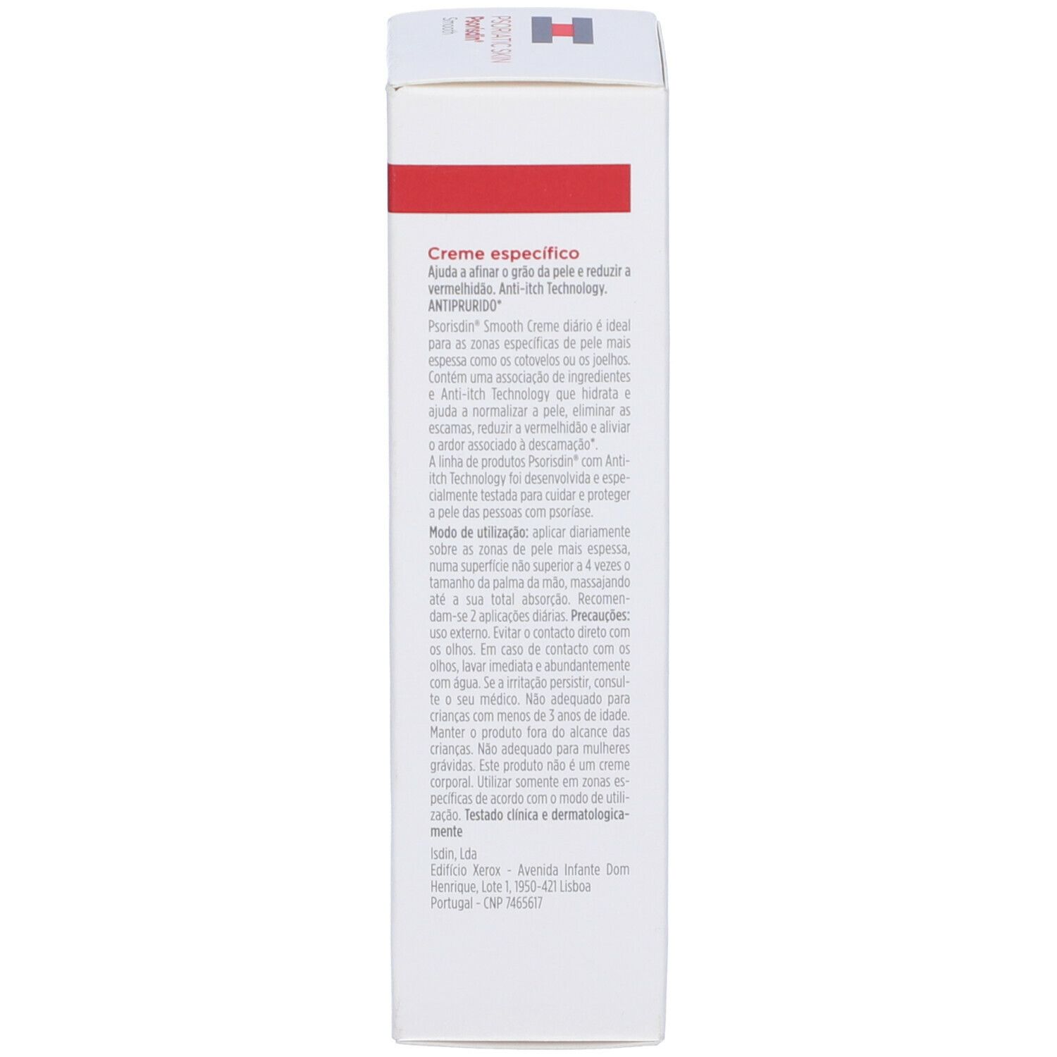 Lato della scatola. Testo multilingue. Scritta: Crema Específico. Tecnologia Anti-Picor. ISDIN.