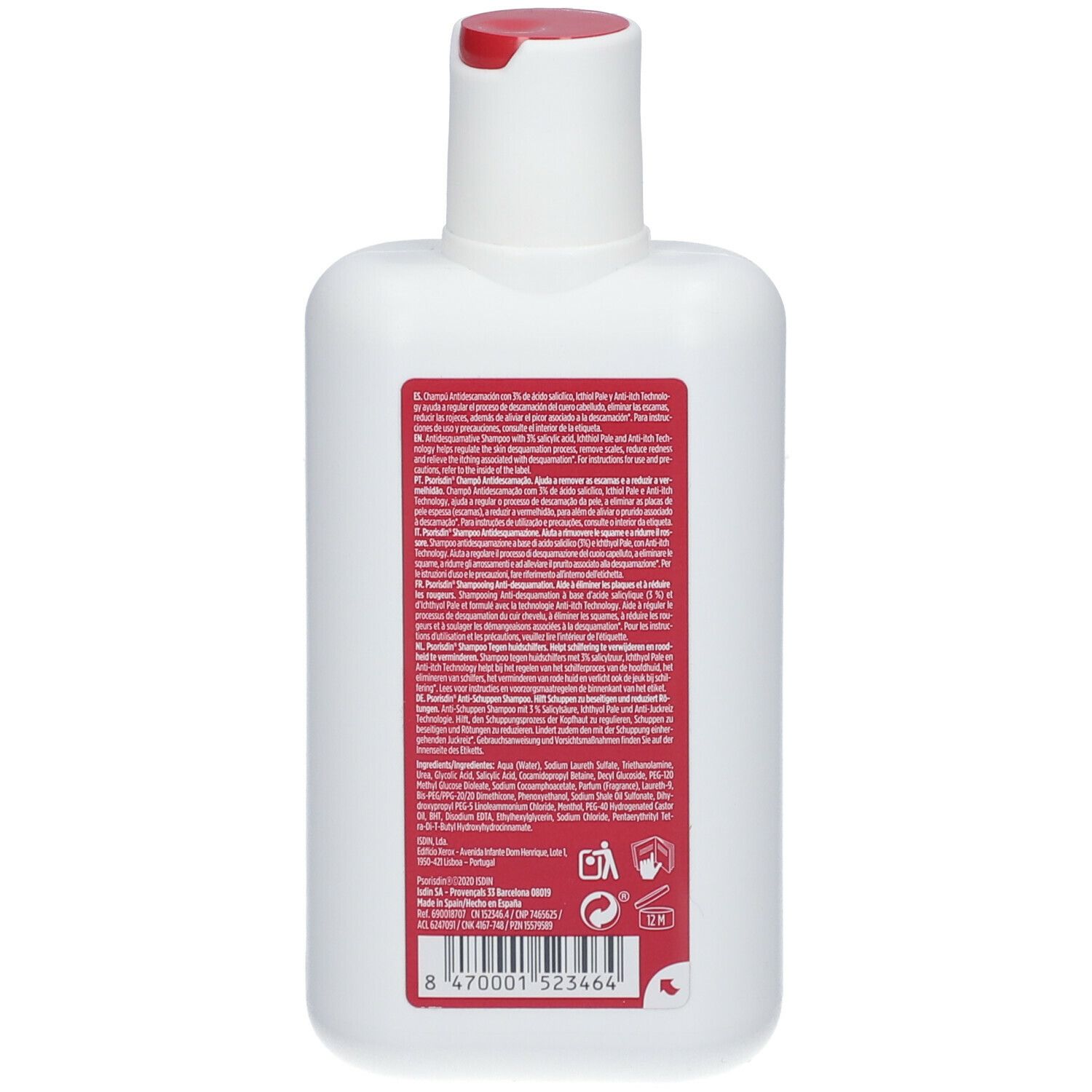 Retro del flacone di shampoo bianco ISDIN. Etichetta rossa con testo. Ingredienti e informazioni del produttore.