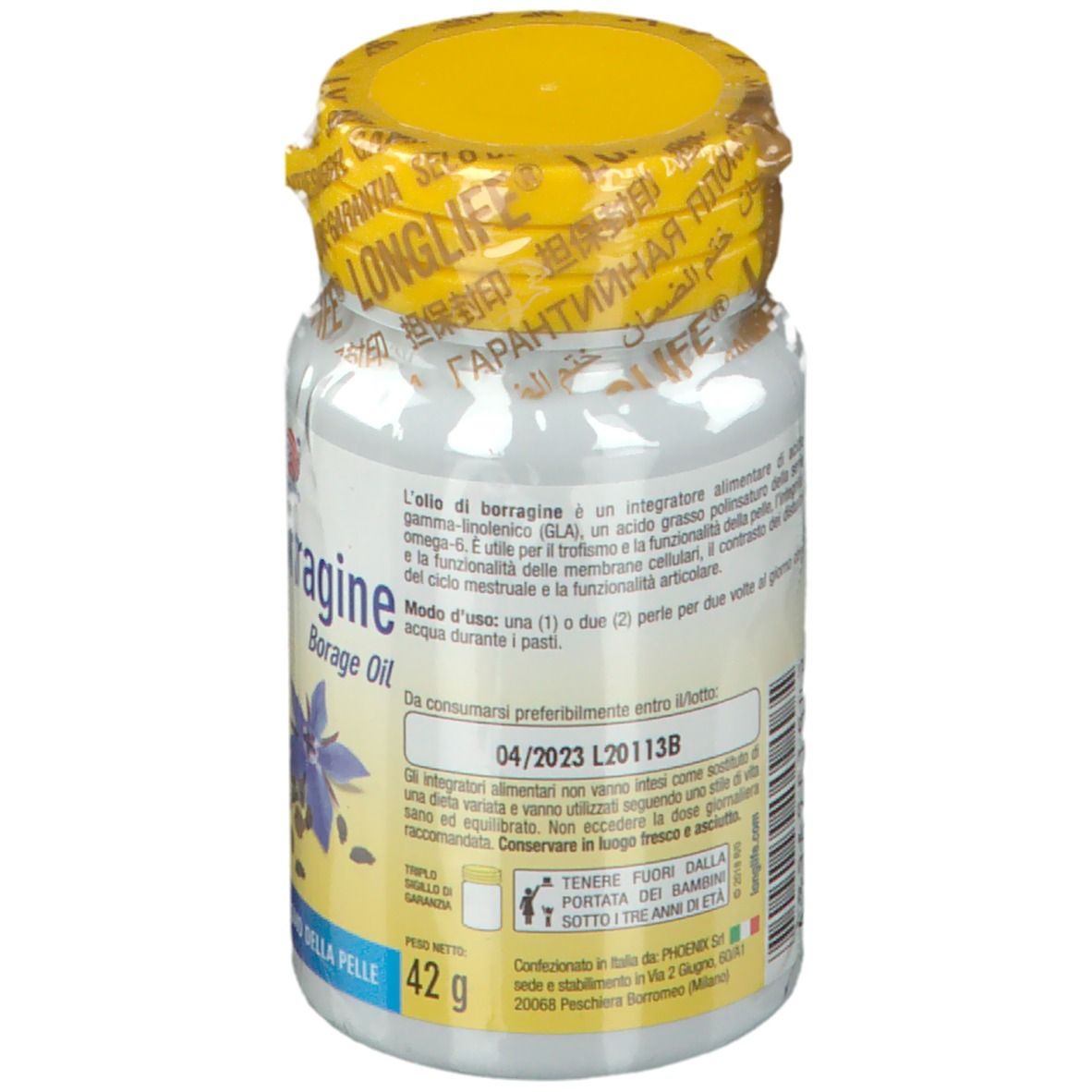 Retro del flacone. Testo: Olio di Borragine, ingredienti, scadenza, avvertenze, produttore.