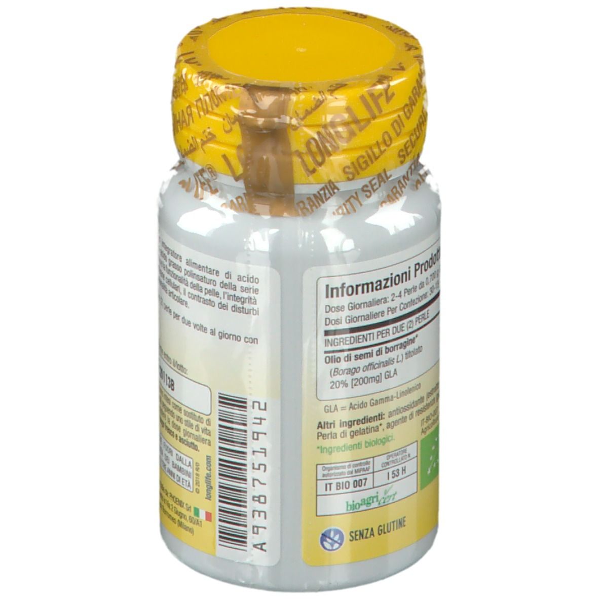 Retro del flacone. Testo: Olio di Borragine, ingredienti, senza glutine, informazioni produttore.