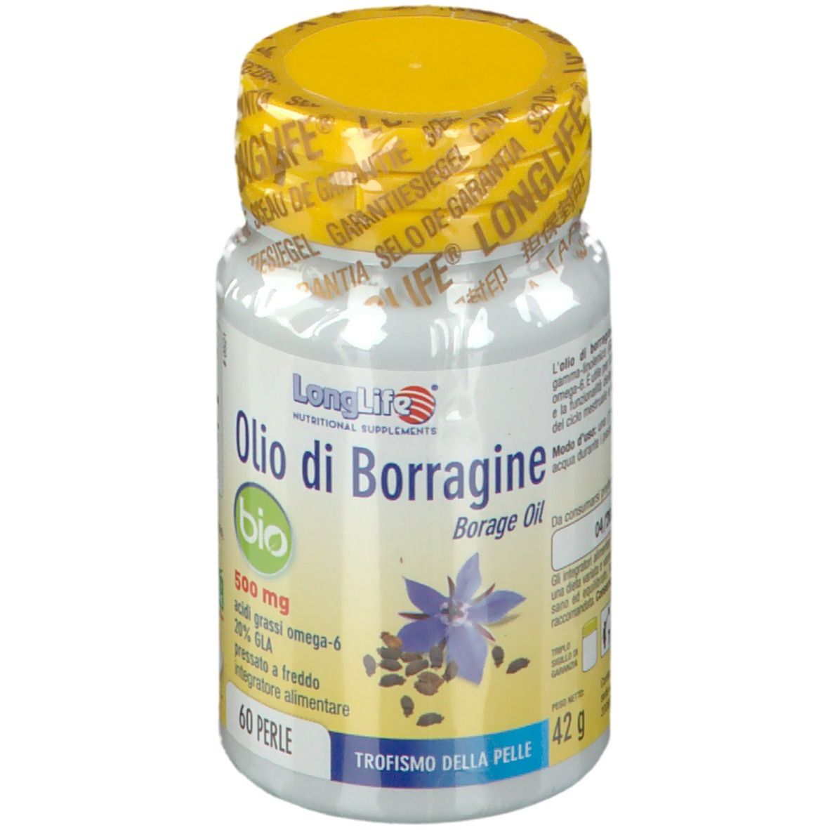 Flacone bianco con tappo giallo. Scritta: Olio di Borragine Bio, 500 mg, 60 perle. Sigillo.
