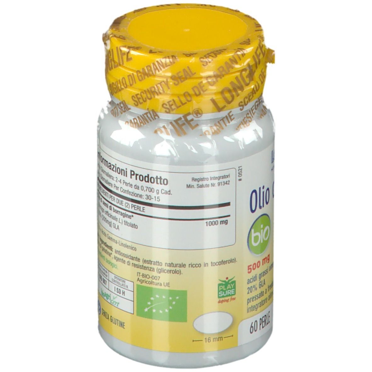 Retro del flacone. Testo: Olio di Borragine, ingredienti, informazioni produttore, senza glutine.