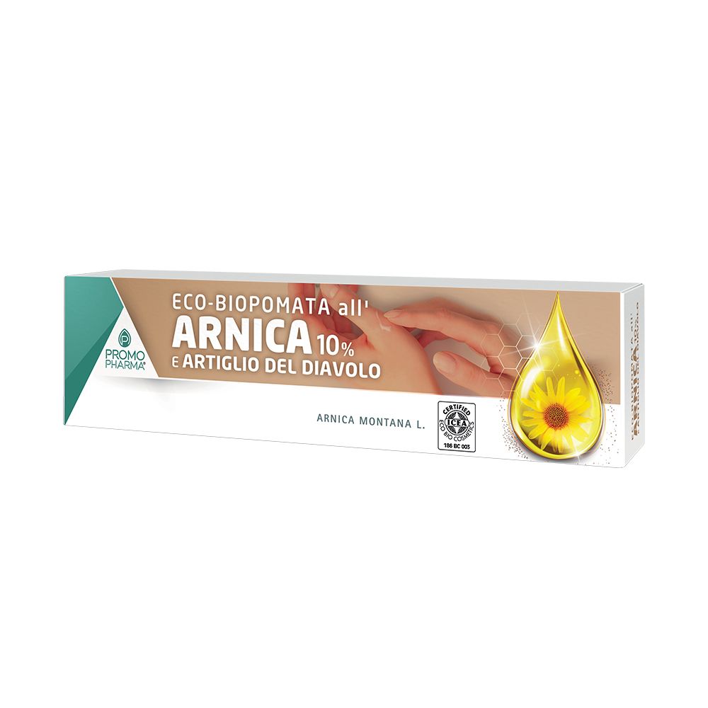 Confezione di PromoPharma® Bio Pomata Arnica 10% e Artiglio del diavolo. Scritta: ARNICA 10% e Artiglio del diavolo. Illustrazione goccia e fiore.