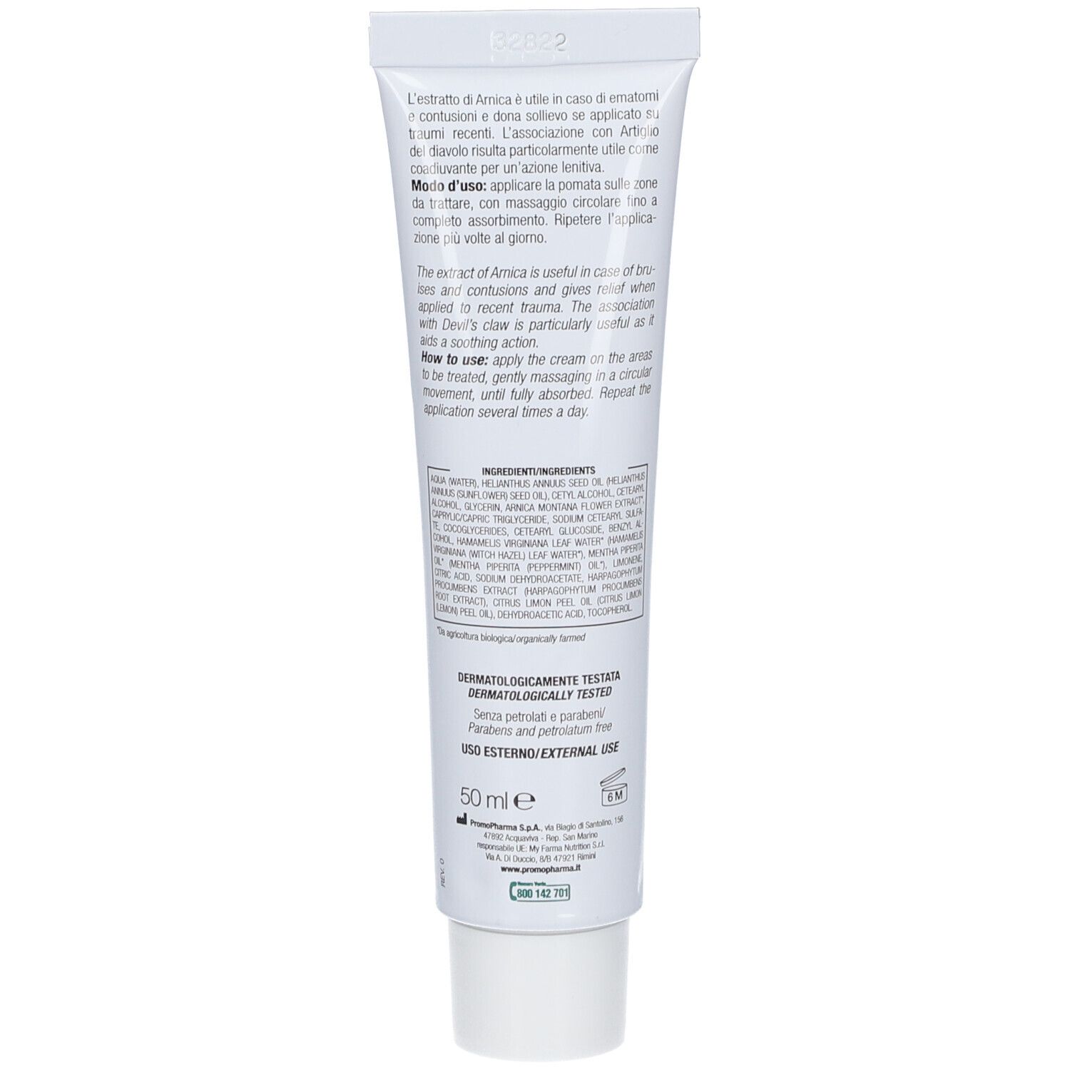 Retro di un tubetto di PromoPharma® Bio Pomata Arnica 10% e Artiglio del diavolo. Testo con istruzioni per l'uso e ingredienti. 50 ml.