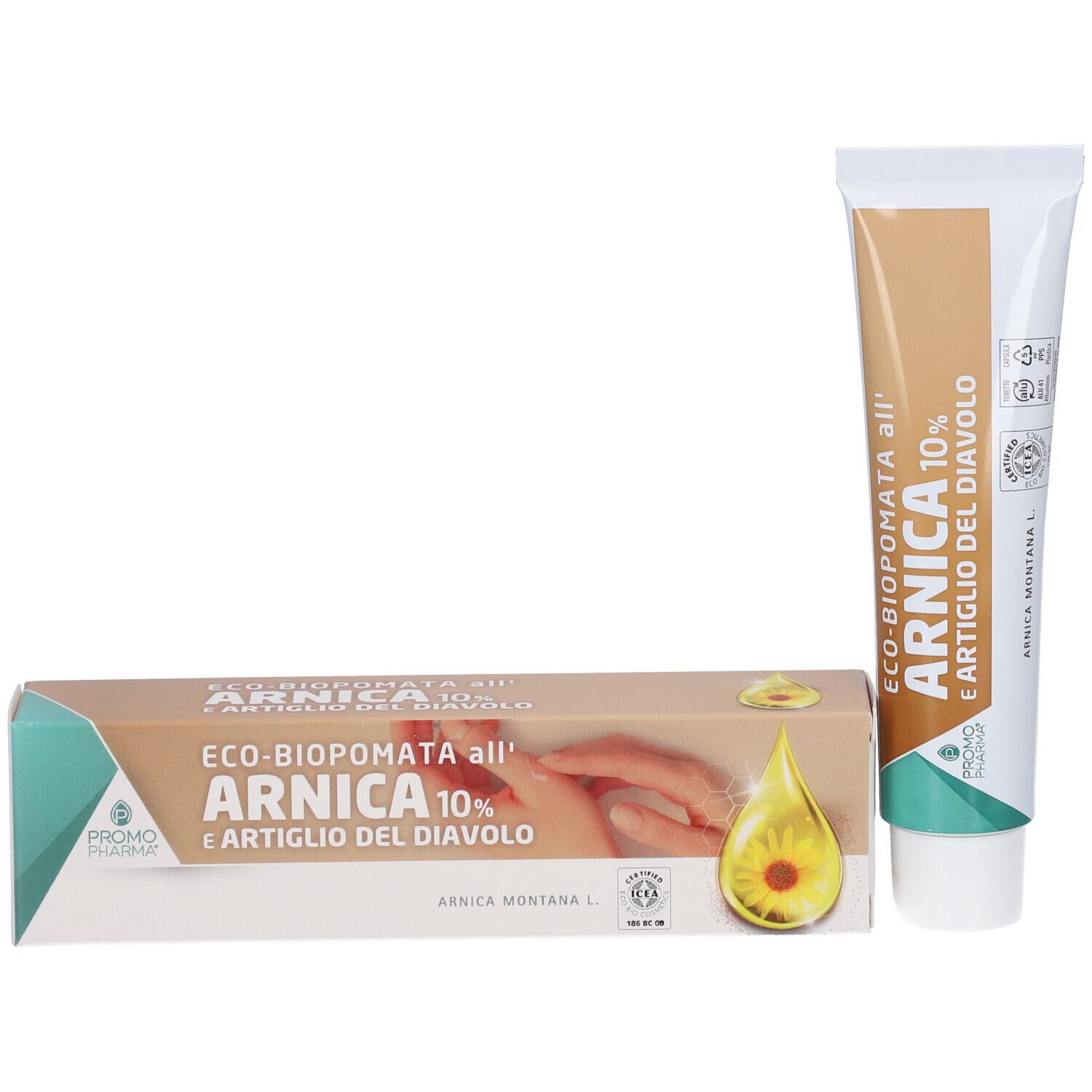PromoPharma® Bio Pomata Arnica 10% e Artiglio del diavolo, tubetto e confezione. Scritta: ARNICA 10% e Artiglio del diavolo. Illustrazione goccia e fiore.