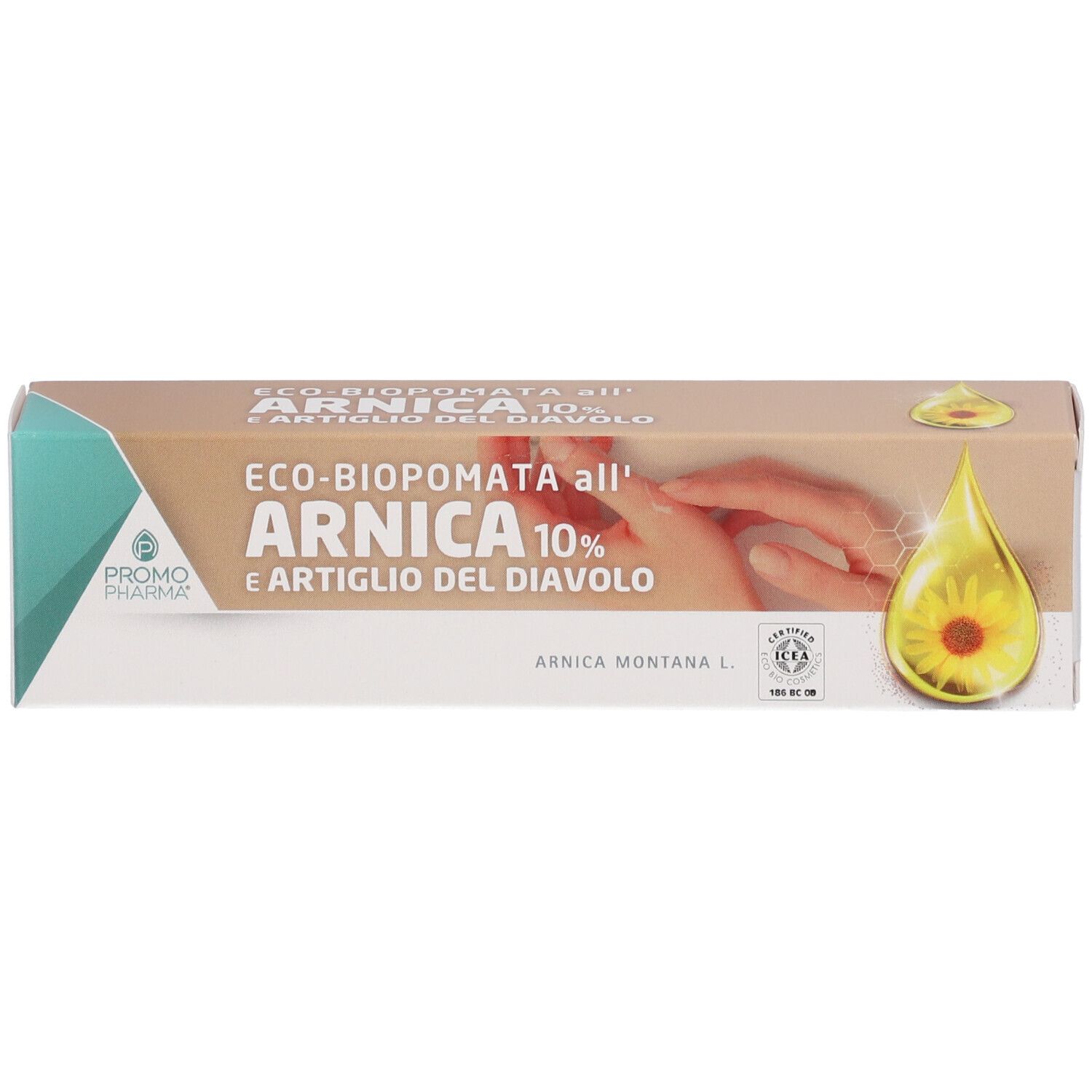 Confezione di PromoPharma® Bio Pomata Arnica 10% e Artiglio del diavolo. Scritta: ARNICA 10% e Artiglio del diavolo. Illustrazione goccia e fiore.