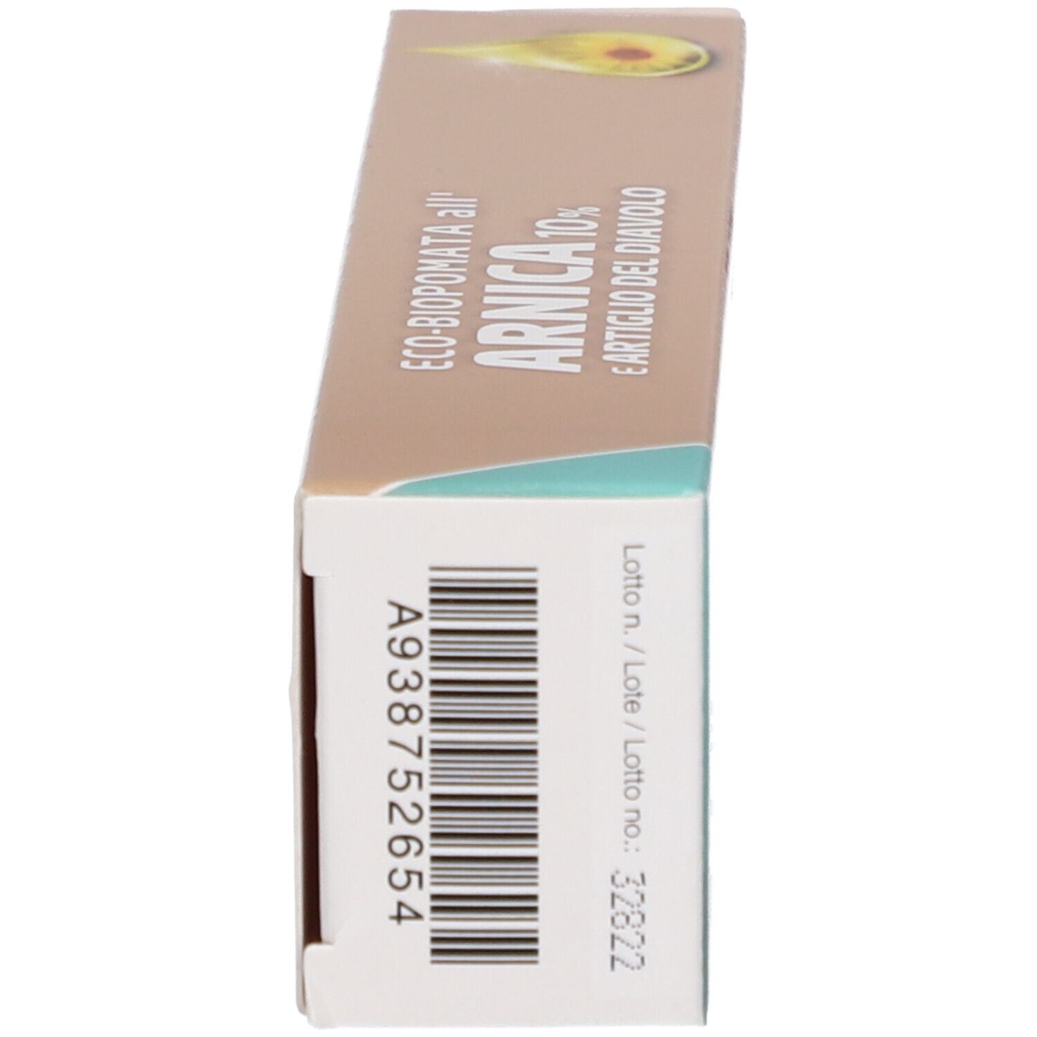 Lato della confezione di PromoPharma® Bio Pomata Arnica 10% e Artiglio del diavolo. Scritta: A938752654.