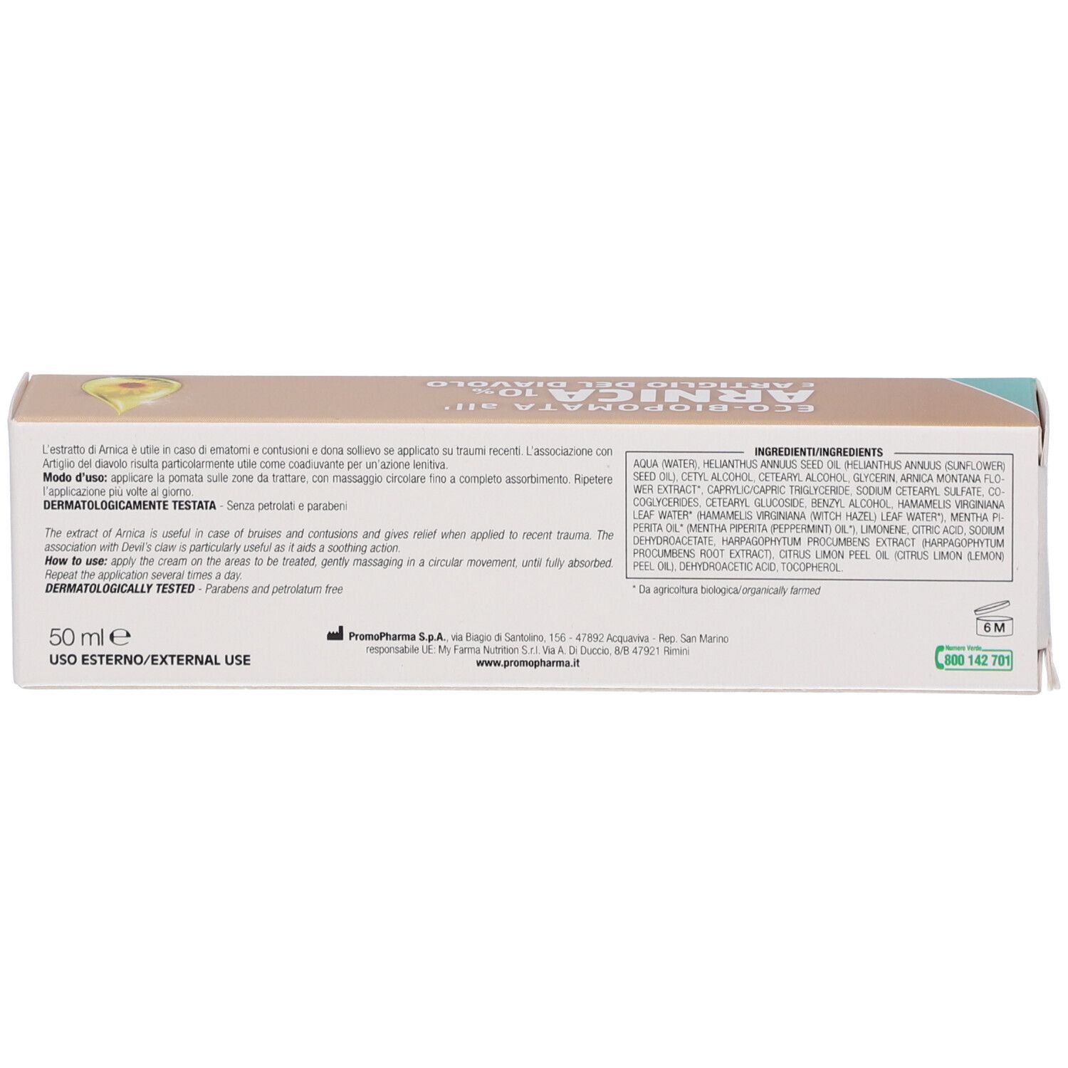 Retro della confezione di PromoPharma® Bio Pomata Arnica 10% e Artiglio del diavolo. Testo con ingredienti e istruzioni per l'uso. 50 ml.