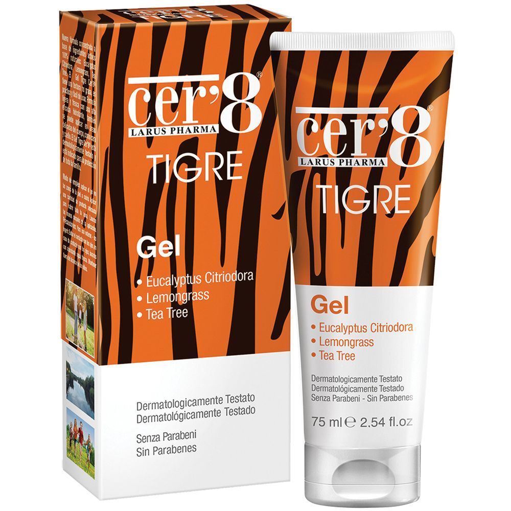 Tubo con motivo a strisce tigrate arancioni. Contiene gel con eucalipto, citronella e tea tree. 75 ml.