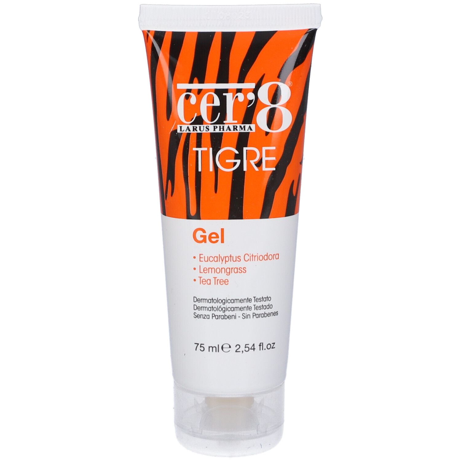Tubo con motivo a strisce tigrate arancioni. Contiene gel con eucalipto, citronella e tea tree. 75 ml.