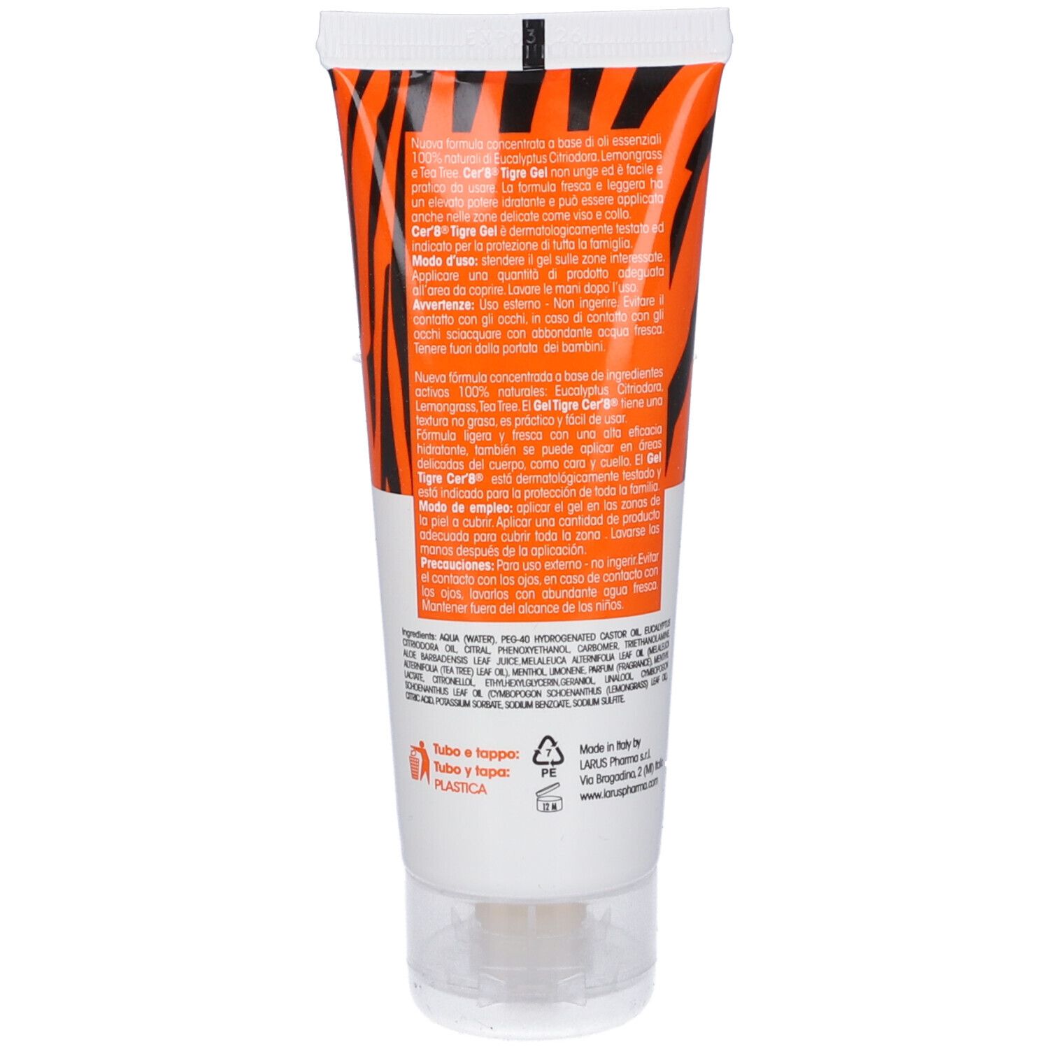Retro del tubo con ingredienti e istruzioni per l'uso. Motivo a strisce tigrate arancioni. 75 ml.