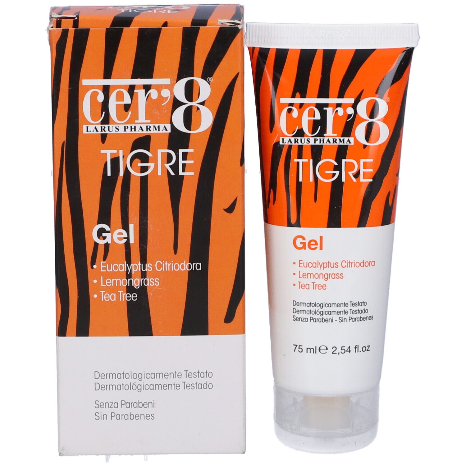 Confezione del prodotto con tubo e scatola. Motivo a strisce tigrate arancioni. Contiene gel con eucalipto, citronella e tea tree.