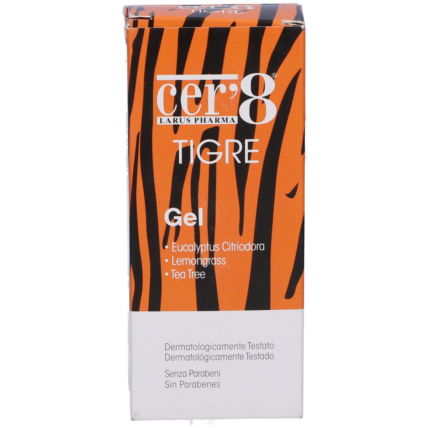 Scatola con motivo a strisce tigrate arancioni. Contiene gel con eucalipto, citronella e tea tree.