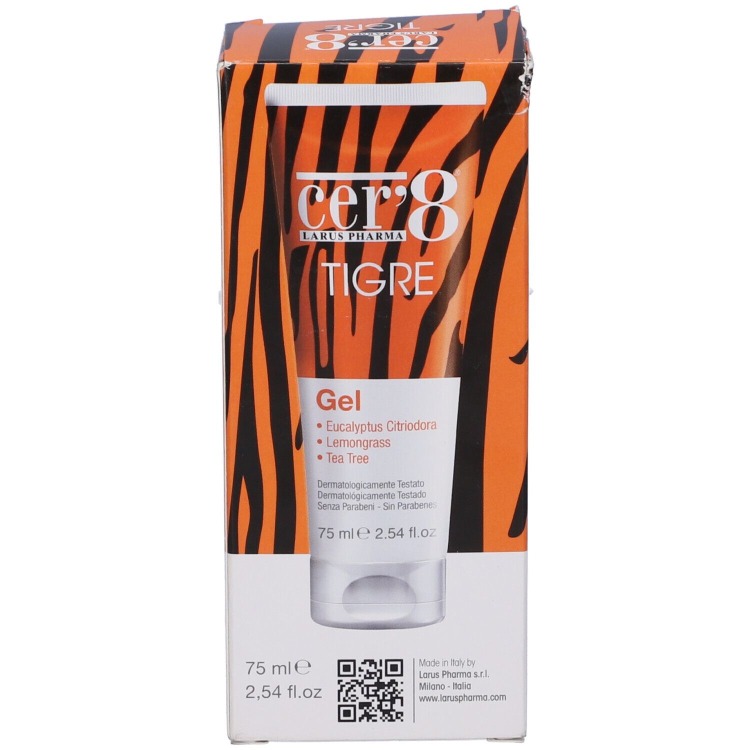 Confezione del prodotto con tubo e scatola. Motivo a strisce tigrate arancioni. Contiene gel con eucalipto, citronella e tea tree. 75 ml.