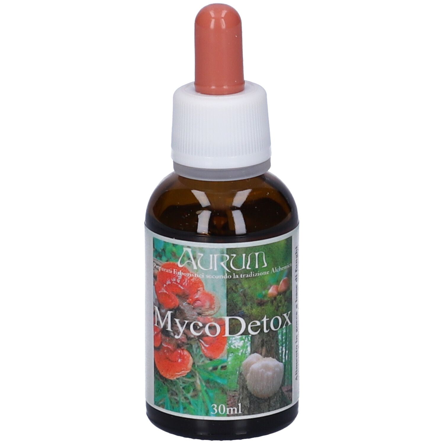 Flacone di vetro marrone con contagocce. Etichetta con testo e immagine di funghi. Nome del prodotto e volume visibili.