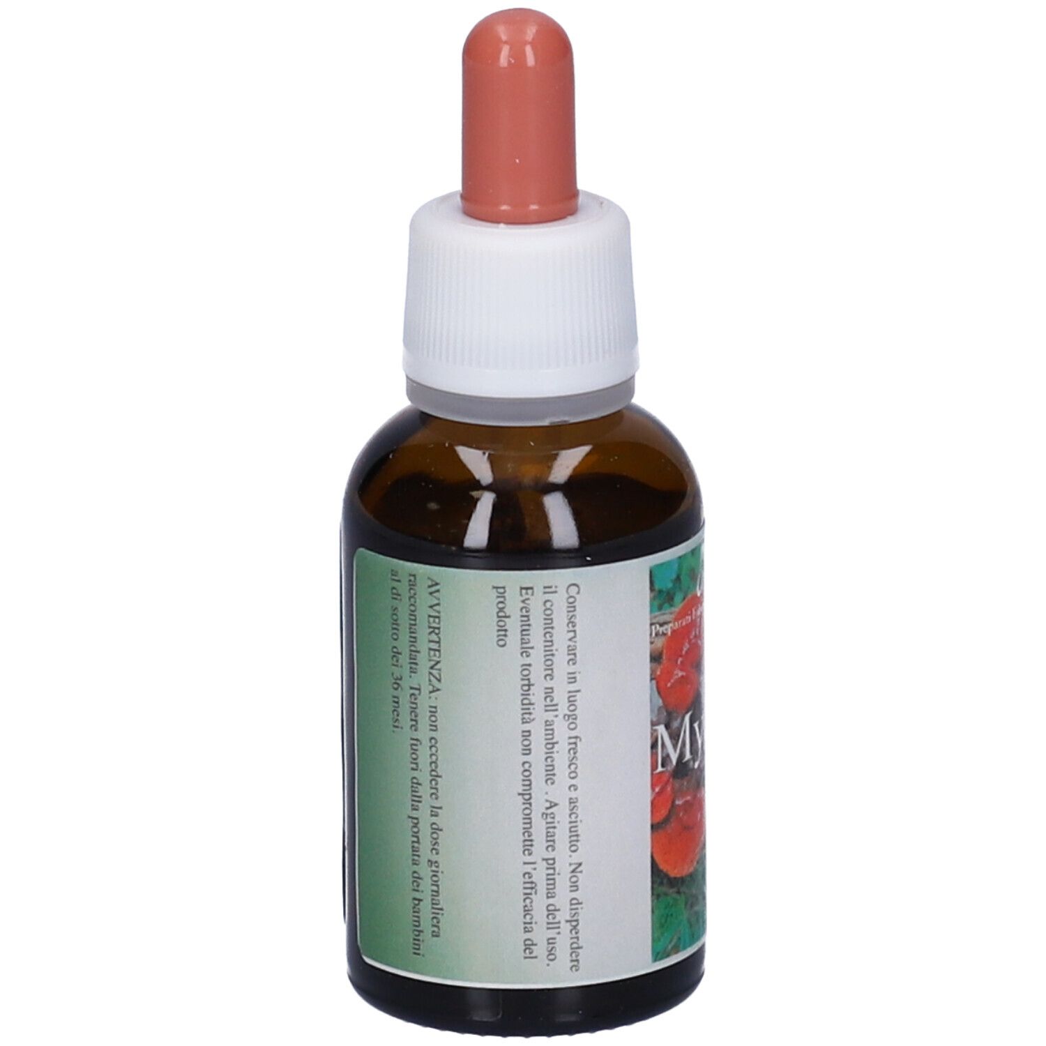 Flacone di vetro marrone con contagocce. Etichetta con testo e immagine di funghi. Nome del prodotto e volume visibili.
