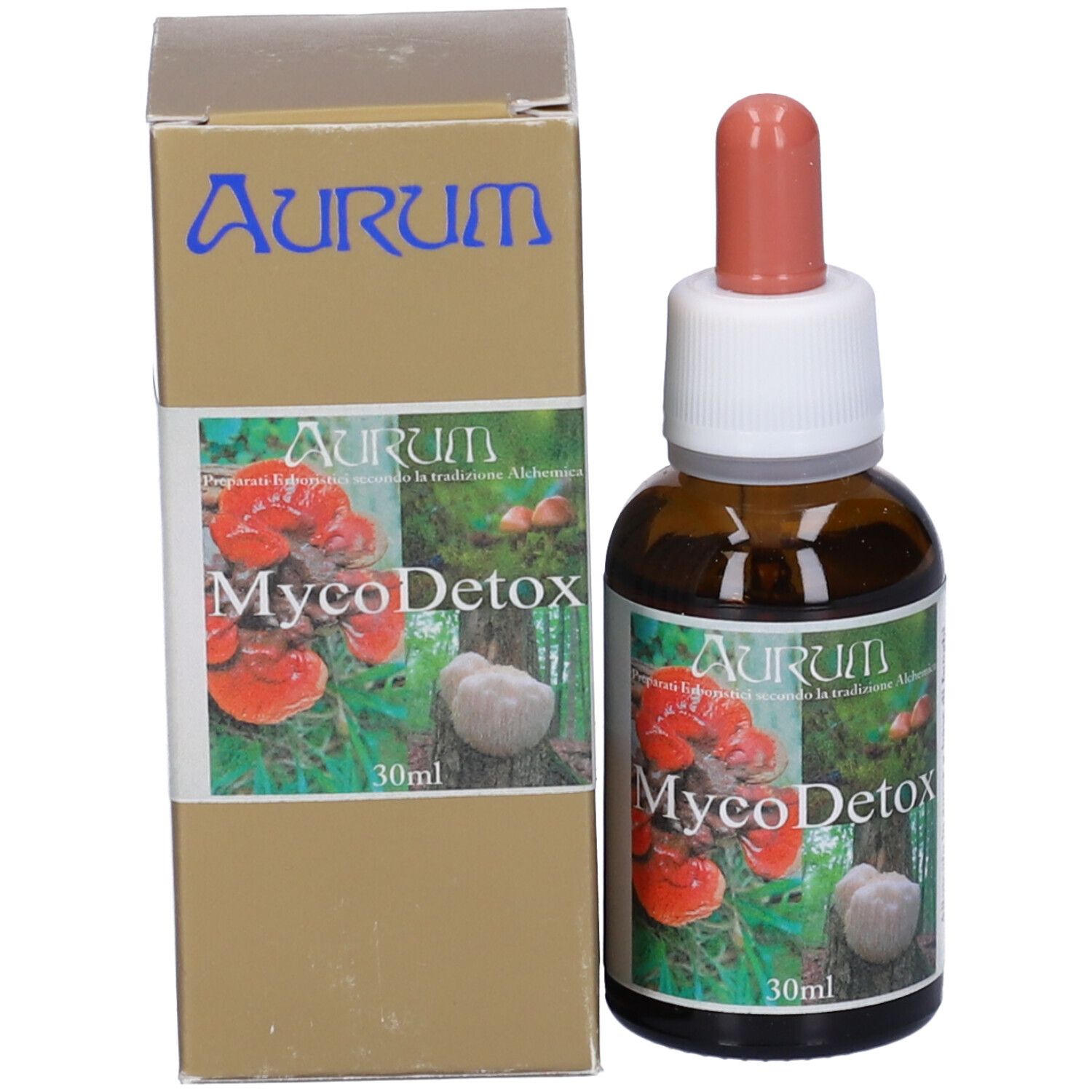 Flacone di vetro marrone con contagocce e scatola. Scatola con testo, logo e immagine di funghi. Nome del prodotto e volume visibili.