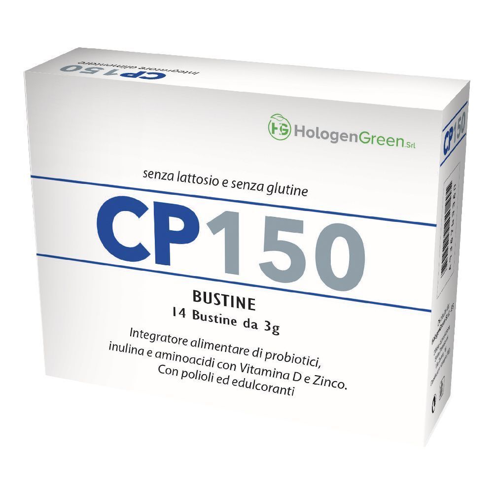 Scatola bianca con scritta blu CP150. Testo: senza lattosio e senza glutine, 14 Bustine da 3g. Logo HologenGreen.